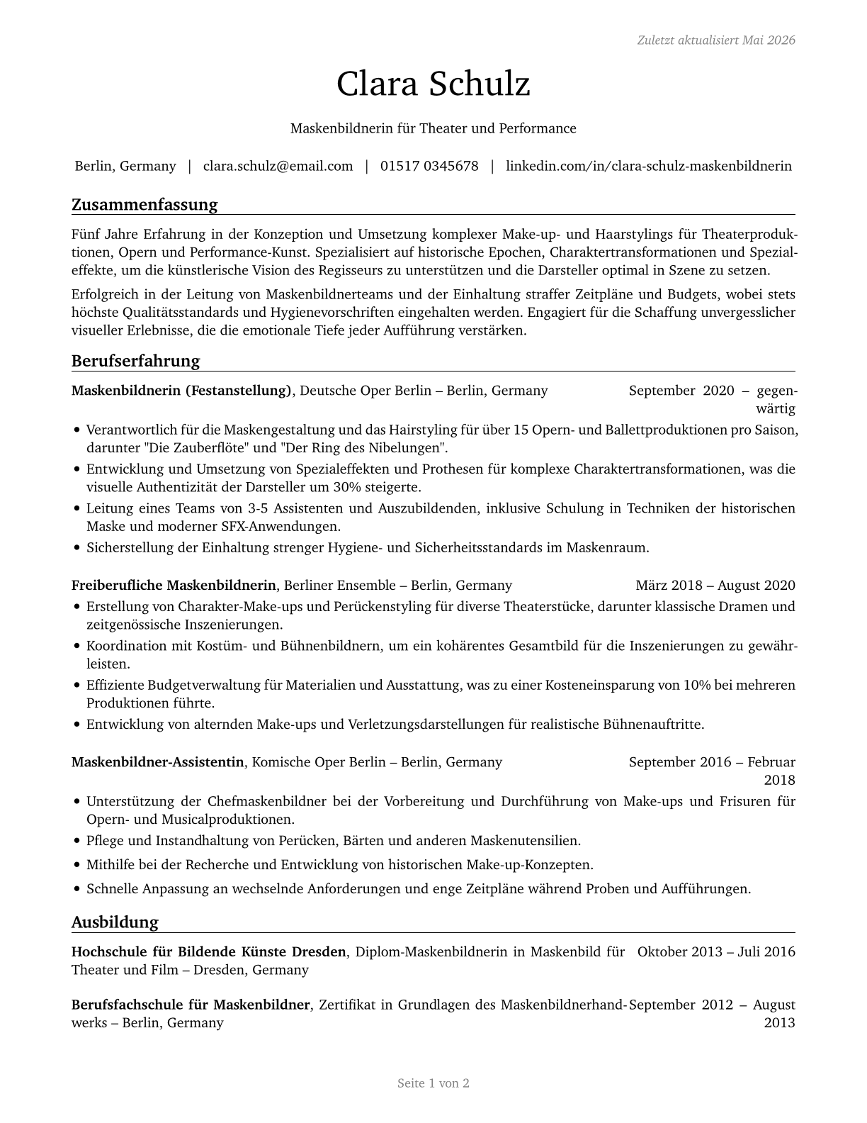 Makeup Artists, Theatrical and Performance CV in German — page 1