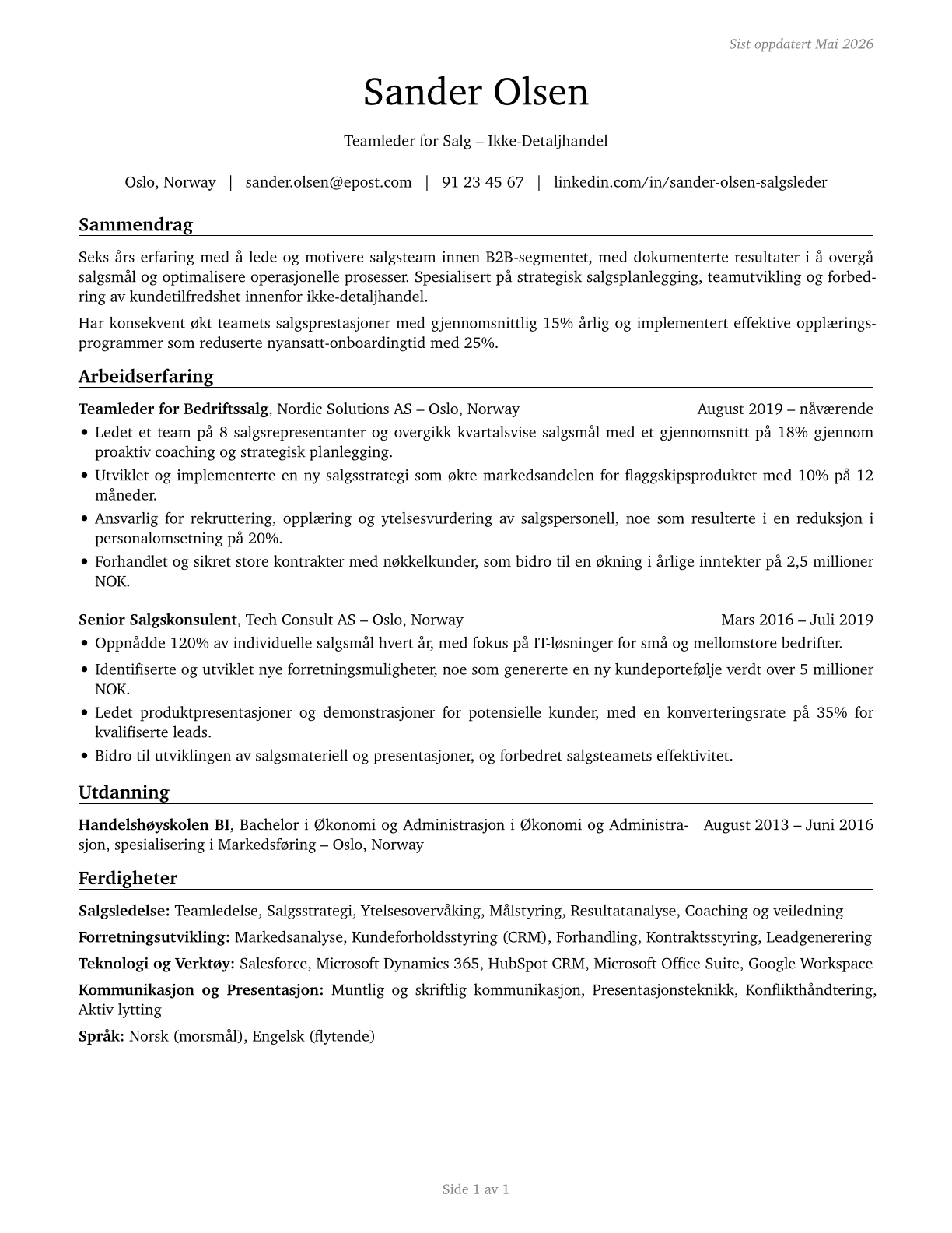 First-Line Supervisors of Non-Retail Sales Workers CV in Norwegian_bokmal — page 1