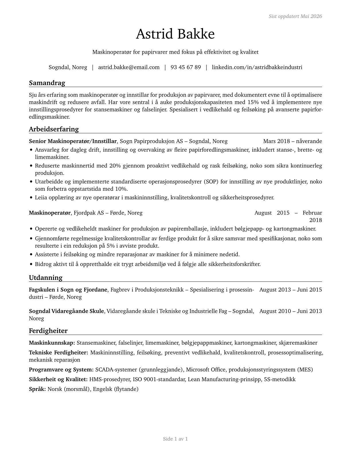 Paper Goods Machine Setters, Operators, and Tenders CV in Norwegian_nynorsk — page 1