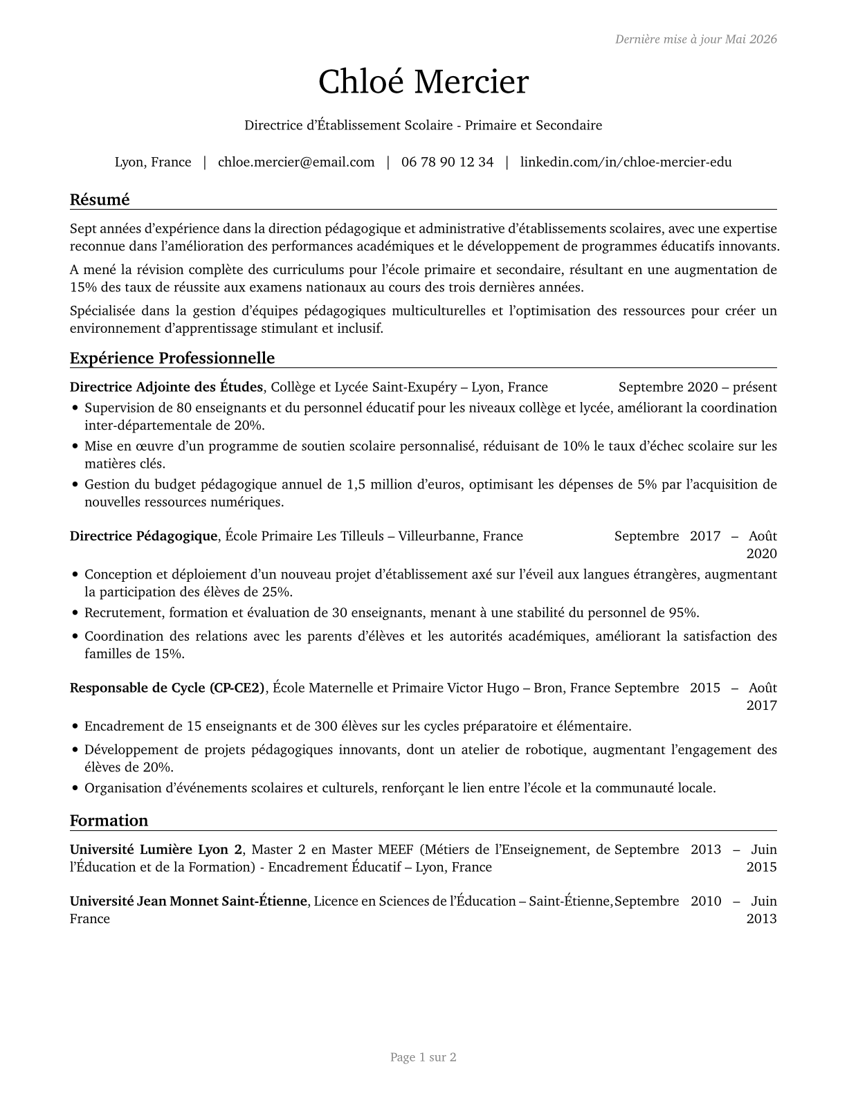 Education Administrators, Kindergarten through Secondary CV in French — page 1