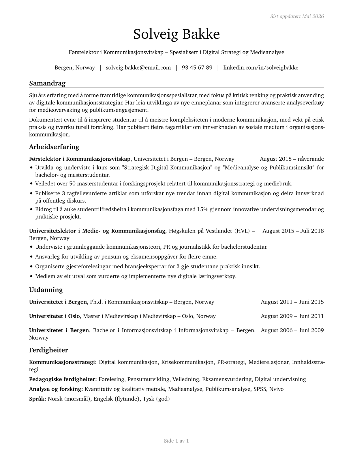 Communications Teachers, Postsecondary CV in Norwegian_nynorsk — page 1