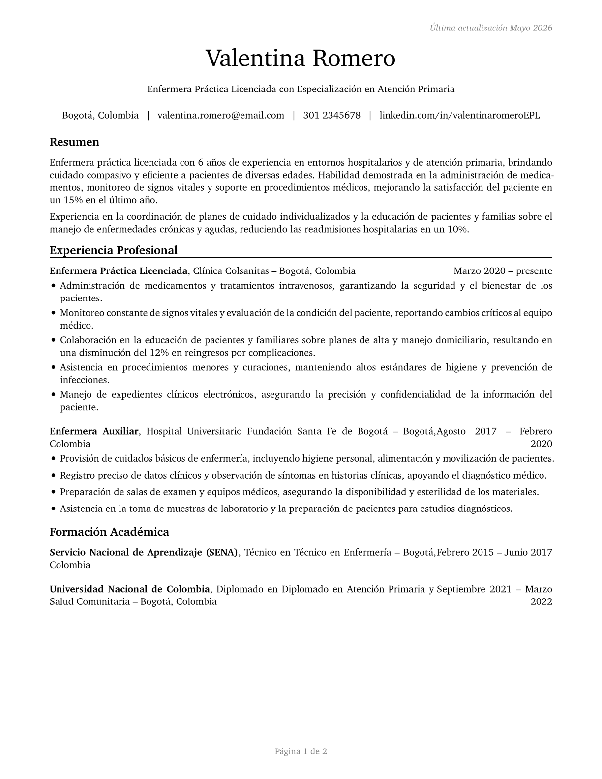 Licensed Practical and Licensed Vocational Nurses CV in Spanish — page 1