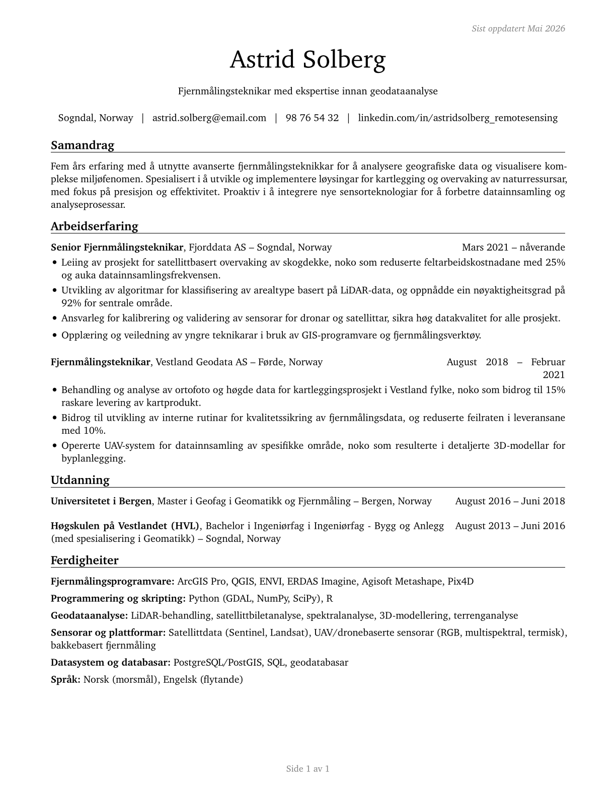 Remote Sensing Technicians CV in Norwegian_nynorsk — page 1