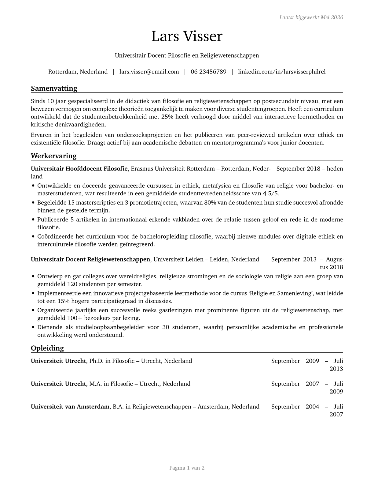 Philosophy and Religion Teachers, Postsecondary CV in Dutch — page 1