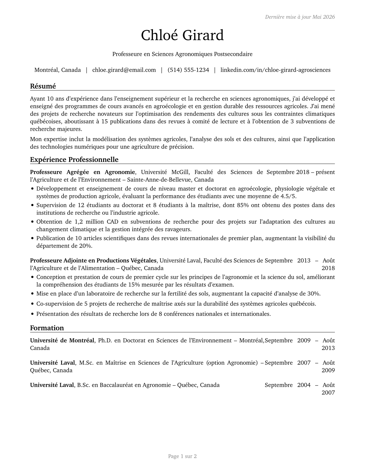 Agricultural Sciences Teachers, Postsecondary CV in French — page 1