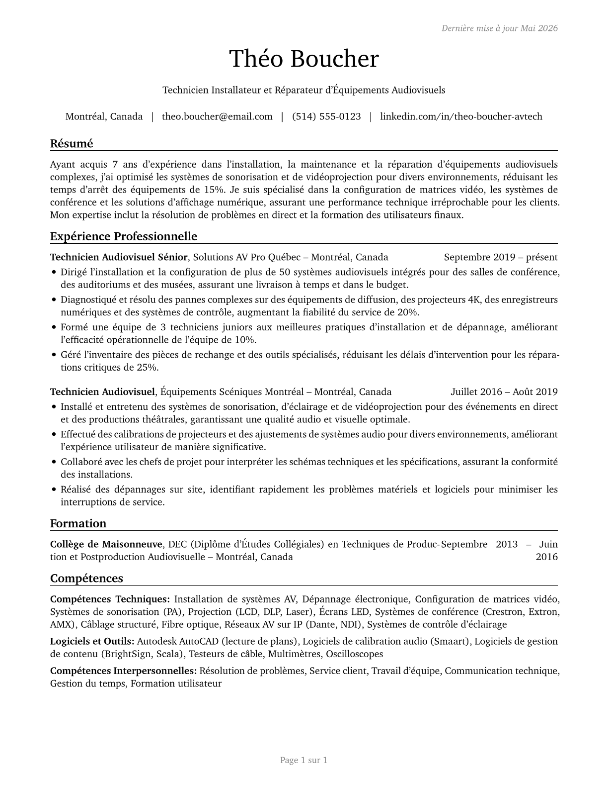 Audiovisual Equipment Installers and Repairers CV in French — page 1