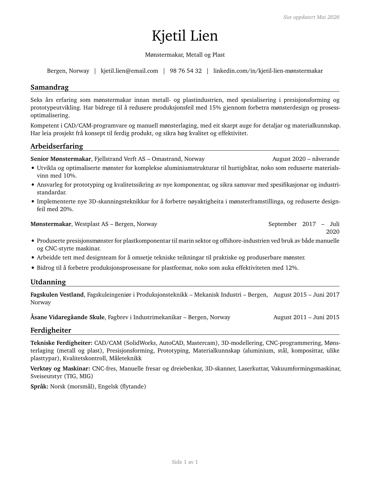 Patternmakers, Metal and Plastic CV in Norwegian_nynorsk — page 1