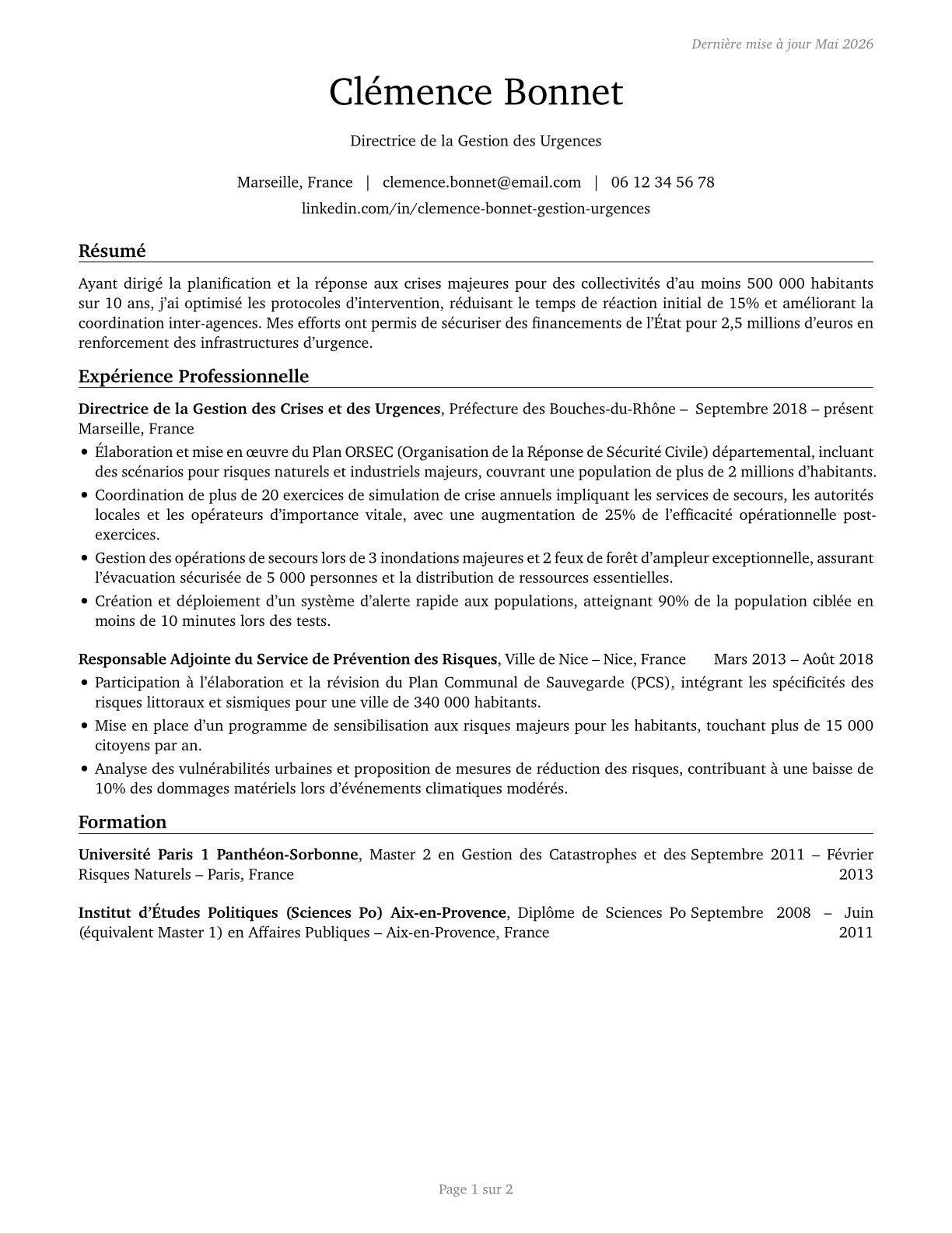 Emergency Management Directors CV in French — page 1