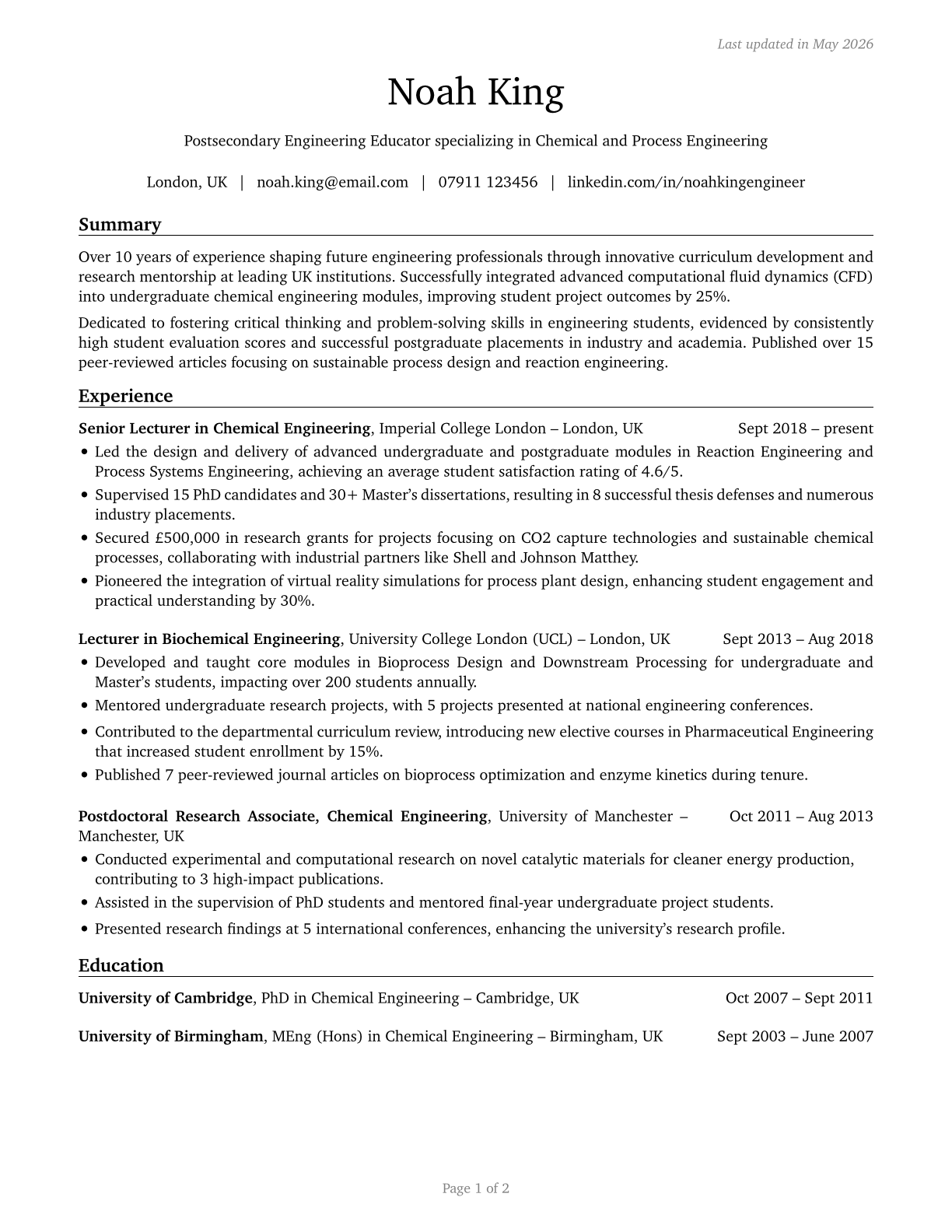 Engineering Teachers, Postsecondary CV in English — page 1