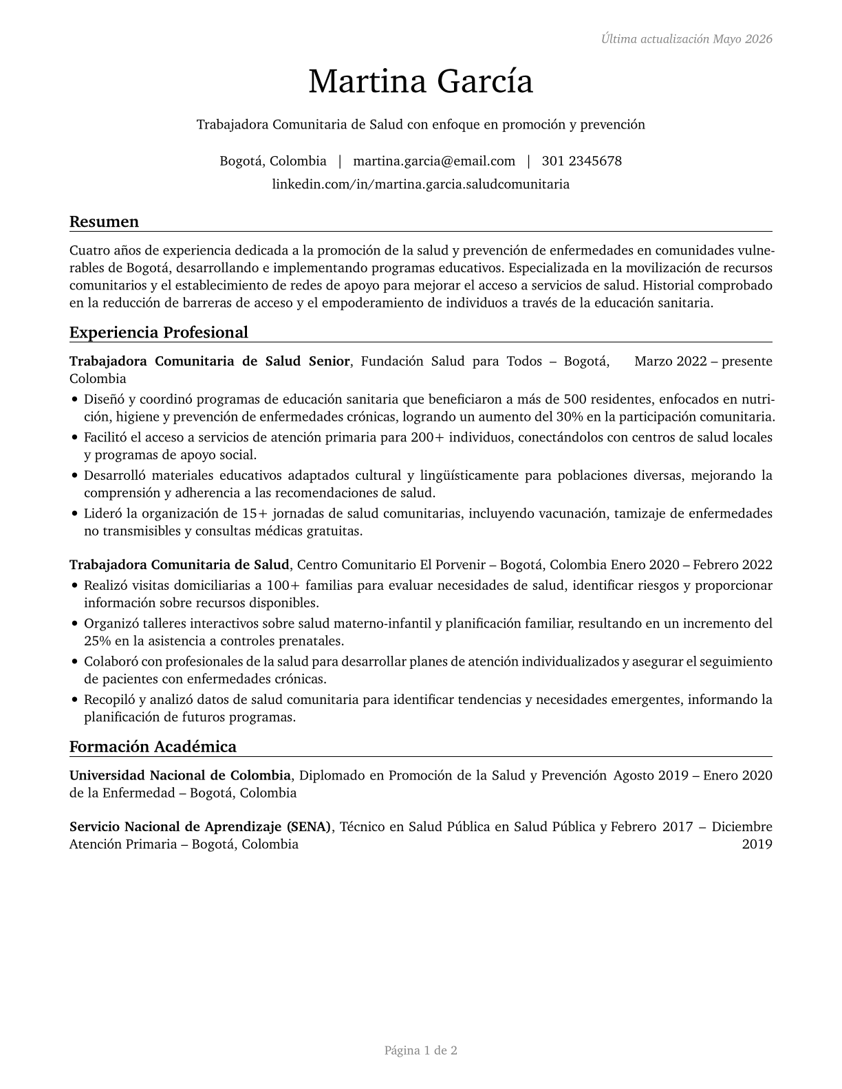 Community Health Workers CV in Spanish — page 1