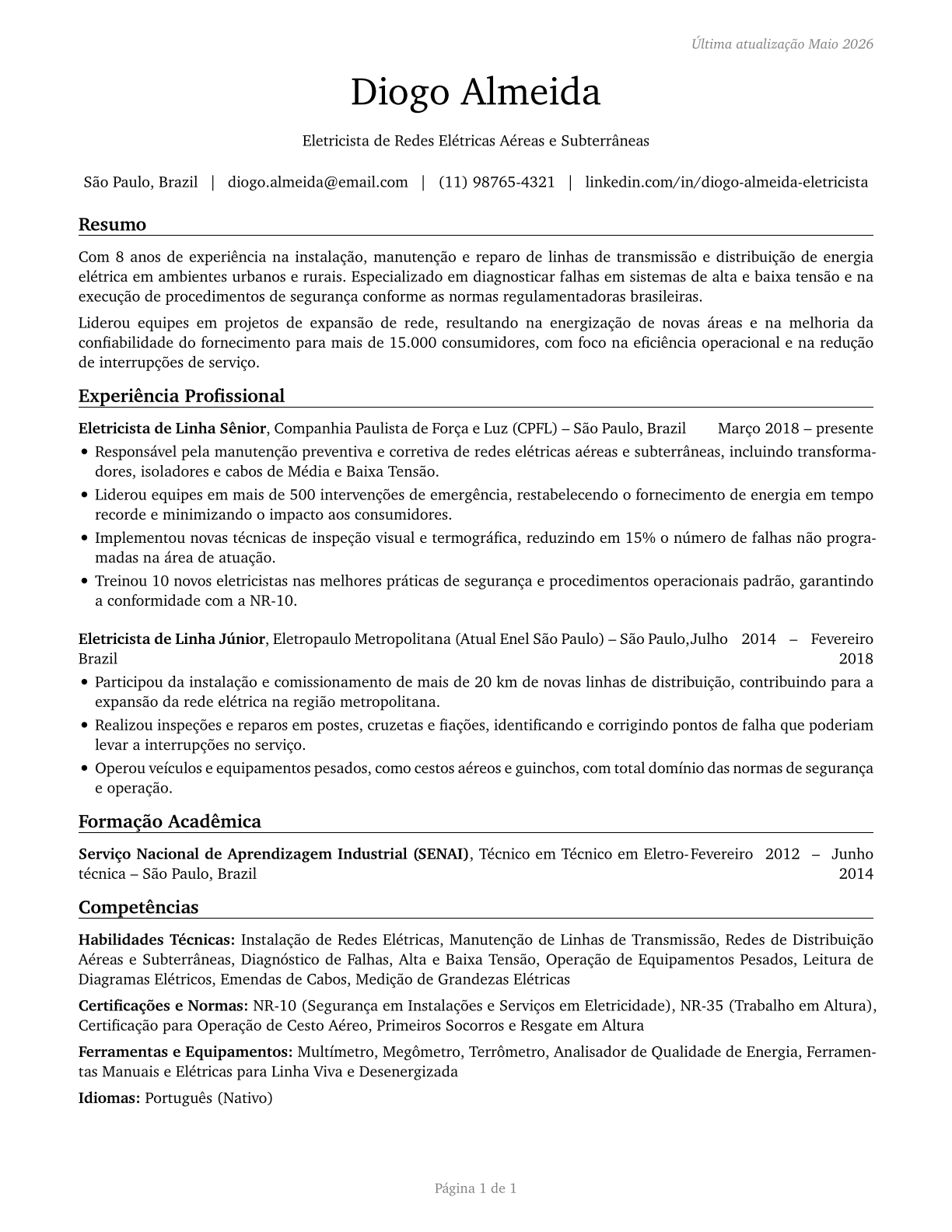 Electrical Power-Line Installers and Repairers CV in Portuguese — page 1