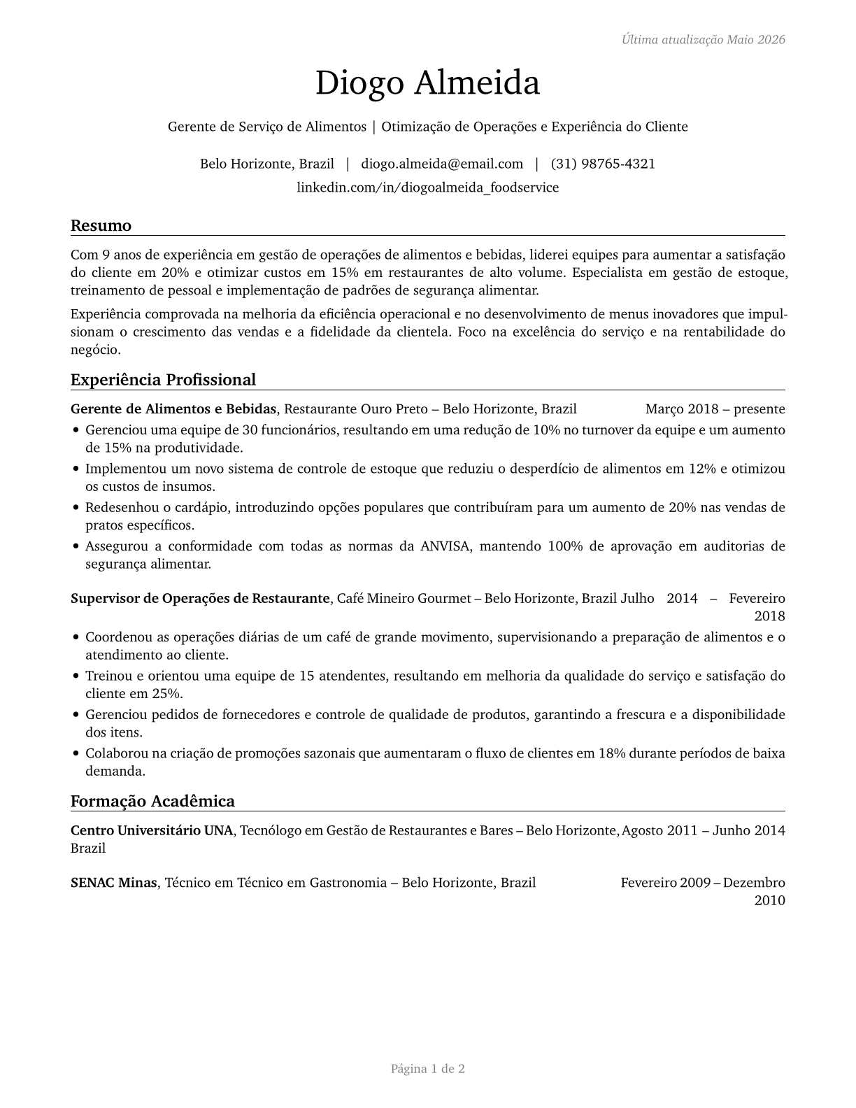 Food Service Managers CV in Portuguese — page 1