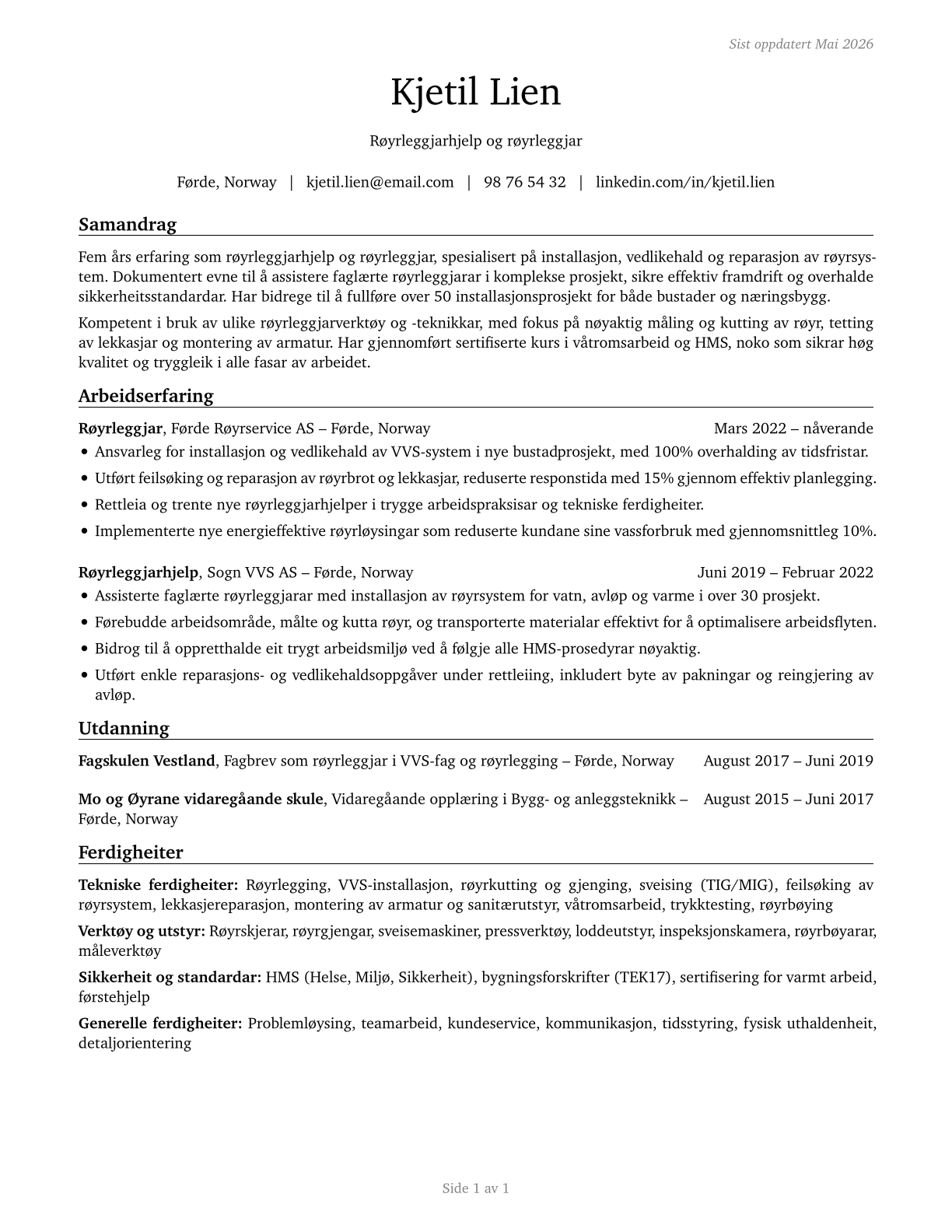 Helpers--Pipelayers, Plumbers, Pipefitters, and Steamfitters CV in Norwegian_nynorsk — page 1