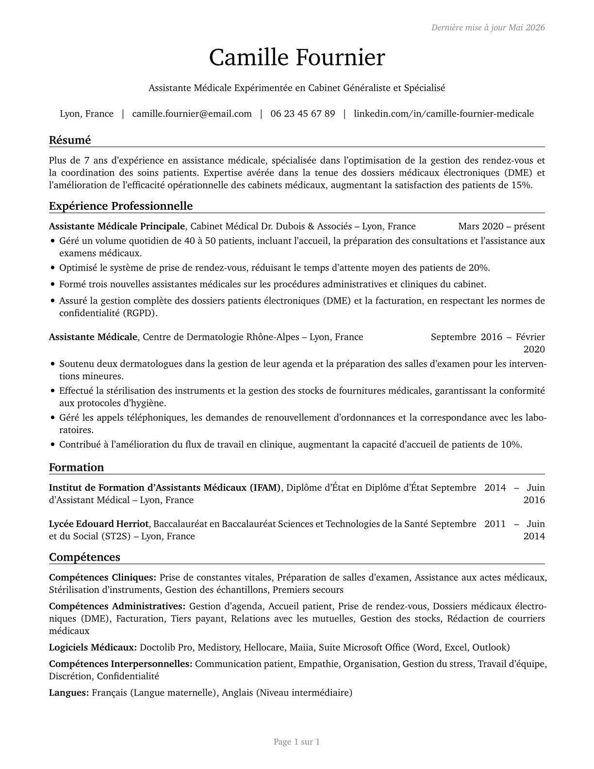 Medical Assistants CV in French — page 1