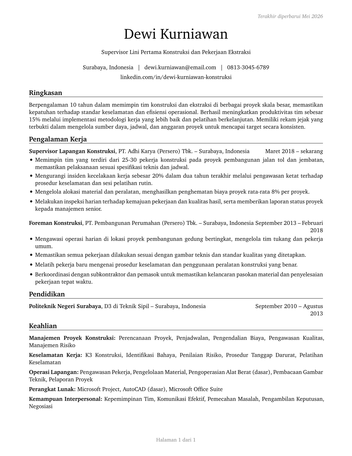 First-Line Supervisors of Construction Trades and Extraction Workers CV in Indonesian — page 1