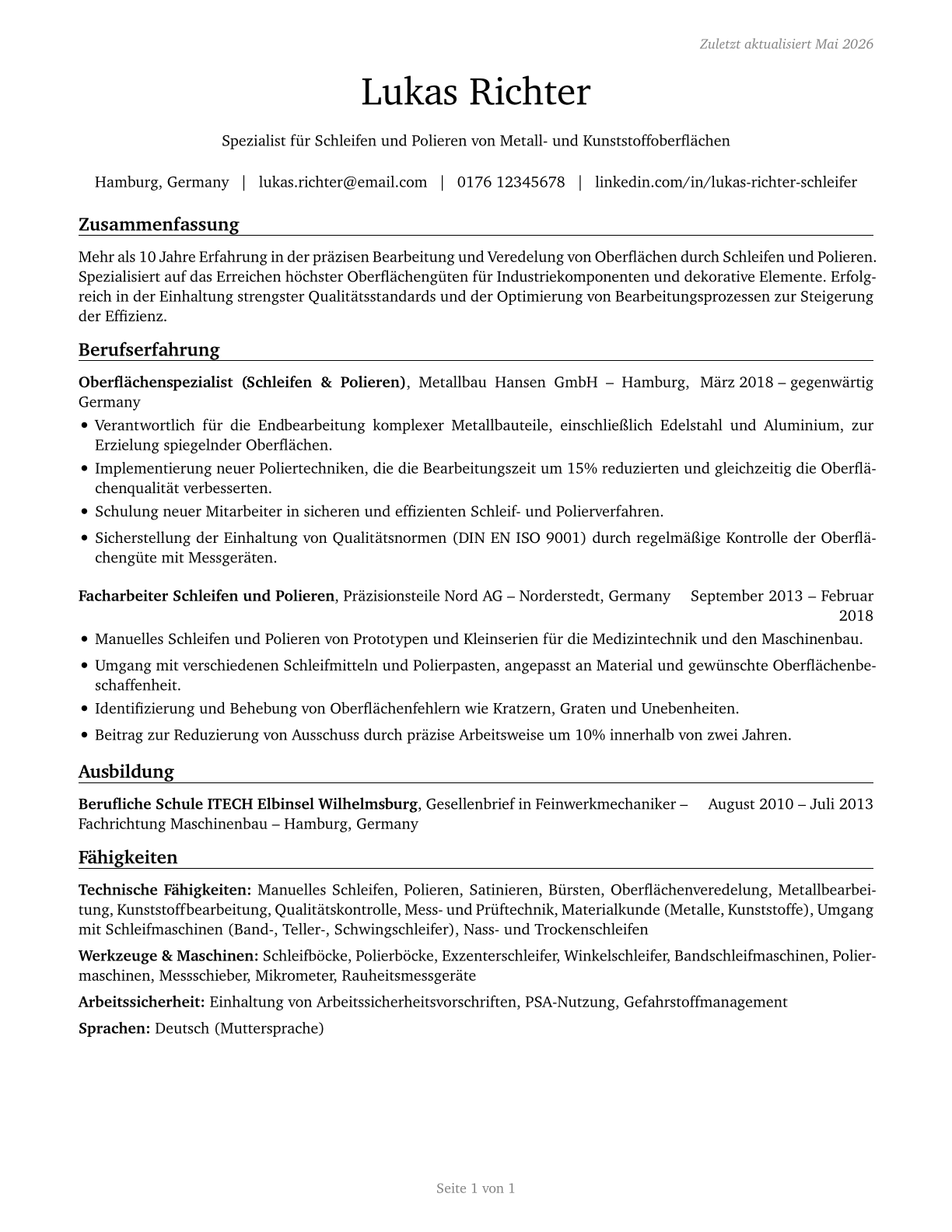 Grinding and Polishing Workers, Hand CV in German — page 1