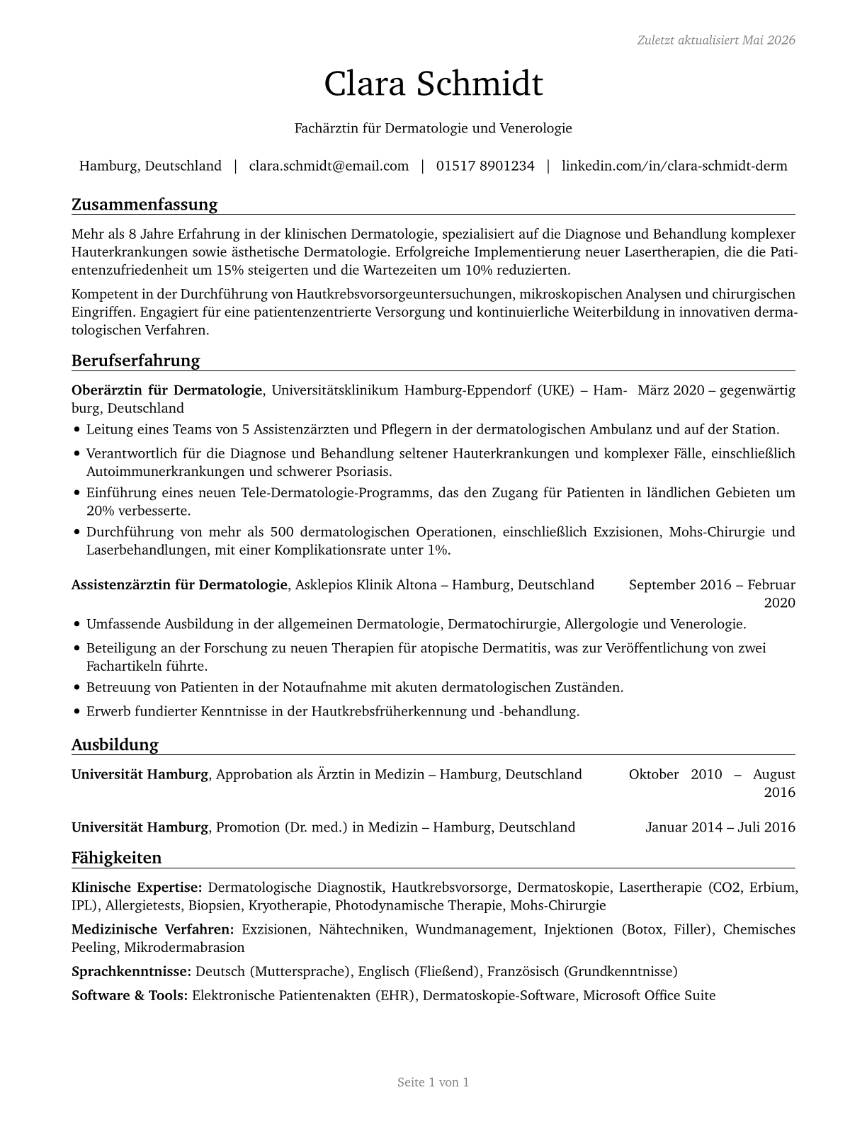 Dermatologists CV in German — page 1
