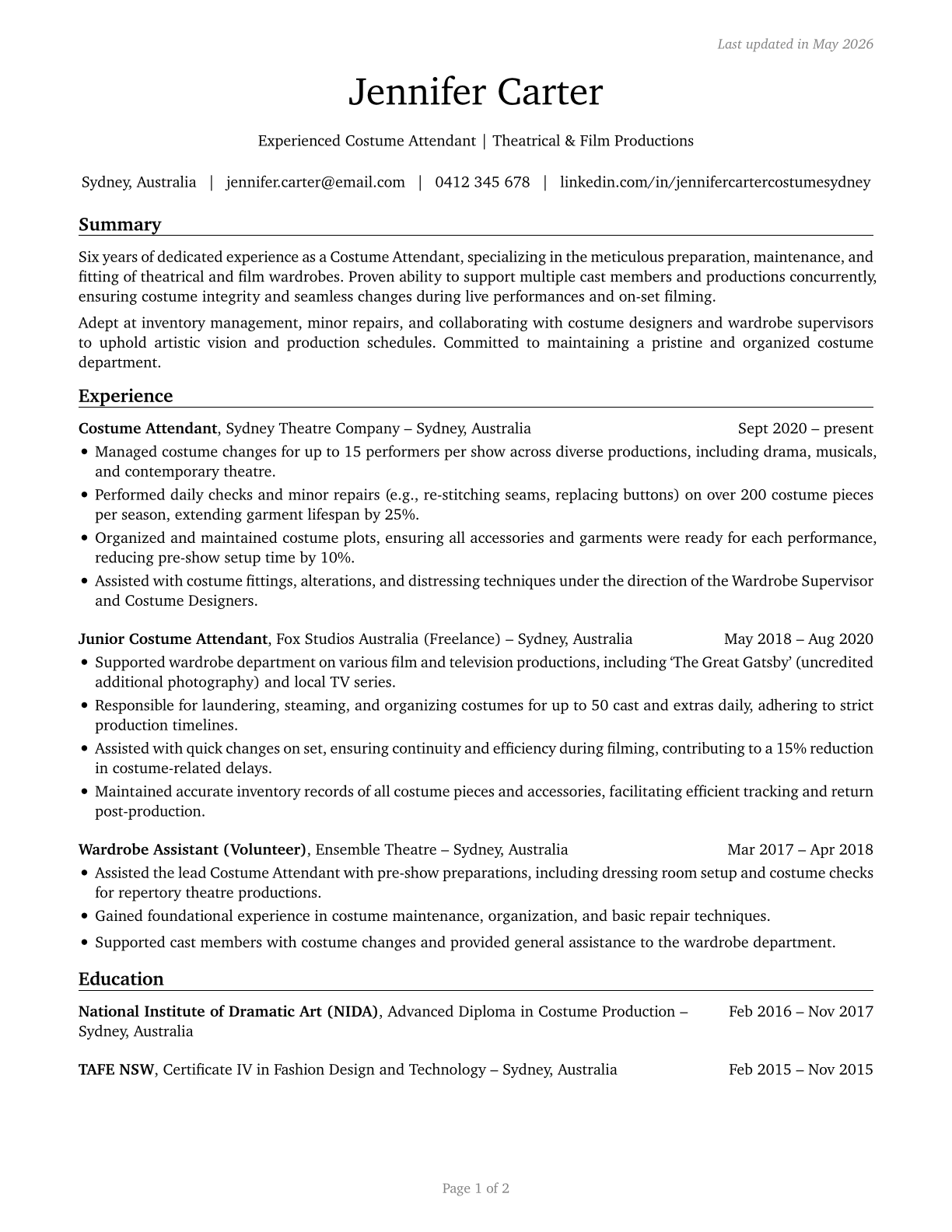 Costume Attendants CV in English — page 1