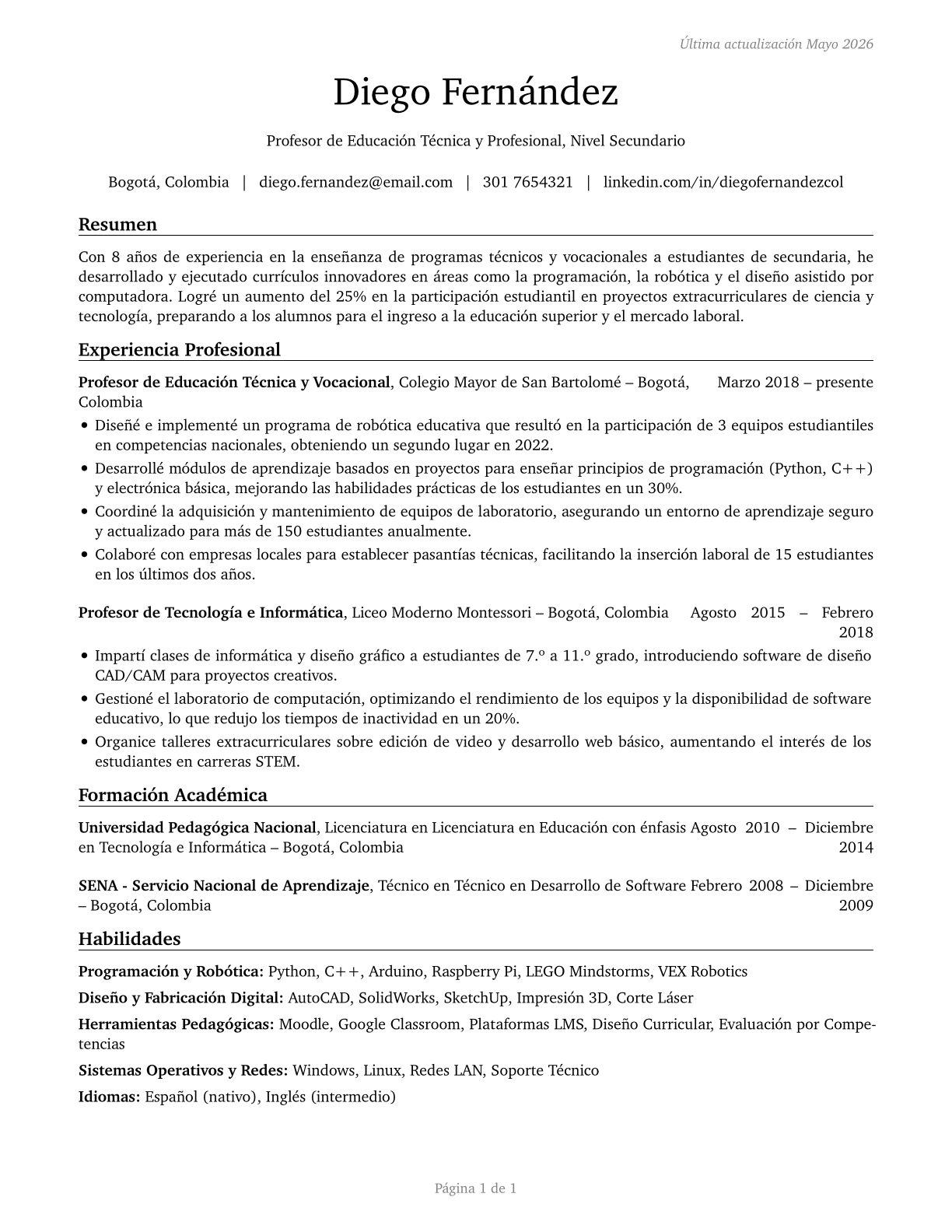 Career/Technical Education Teachers, Secondary School CV in Spanish — page 1