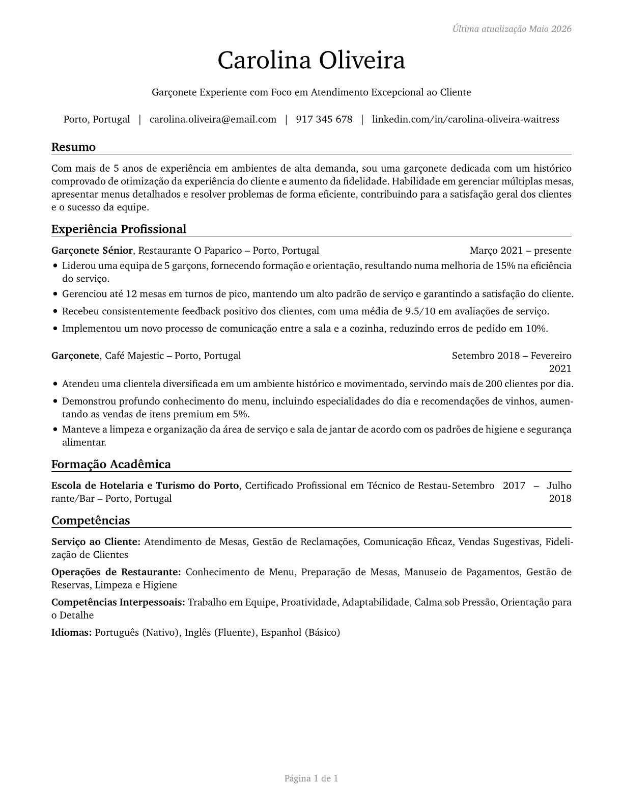Waiters and Waitresses CV in Portuguese — page 1