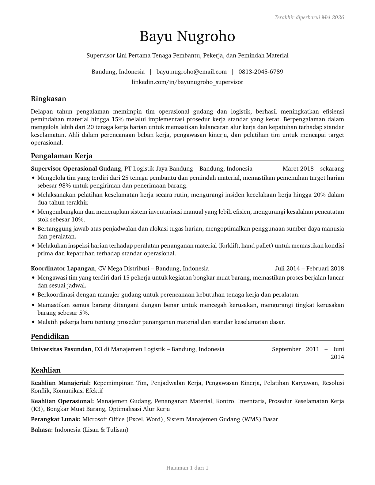 First-Line Supervisors of Helpers, Laborers, and Material Movers, Hand CV in Indonesian — page 1