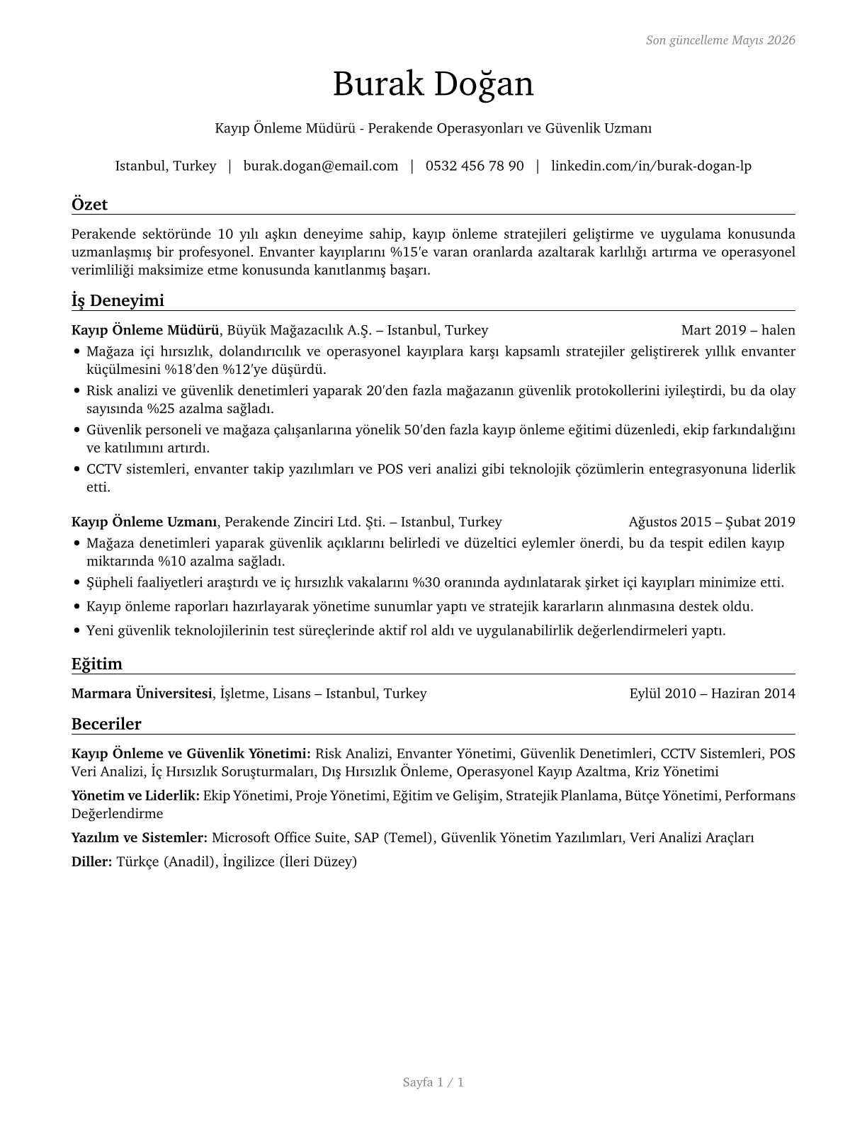 Loss Prevention Managers CV in Turkish — page 1