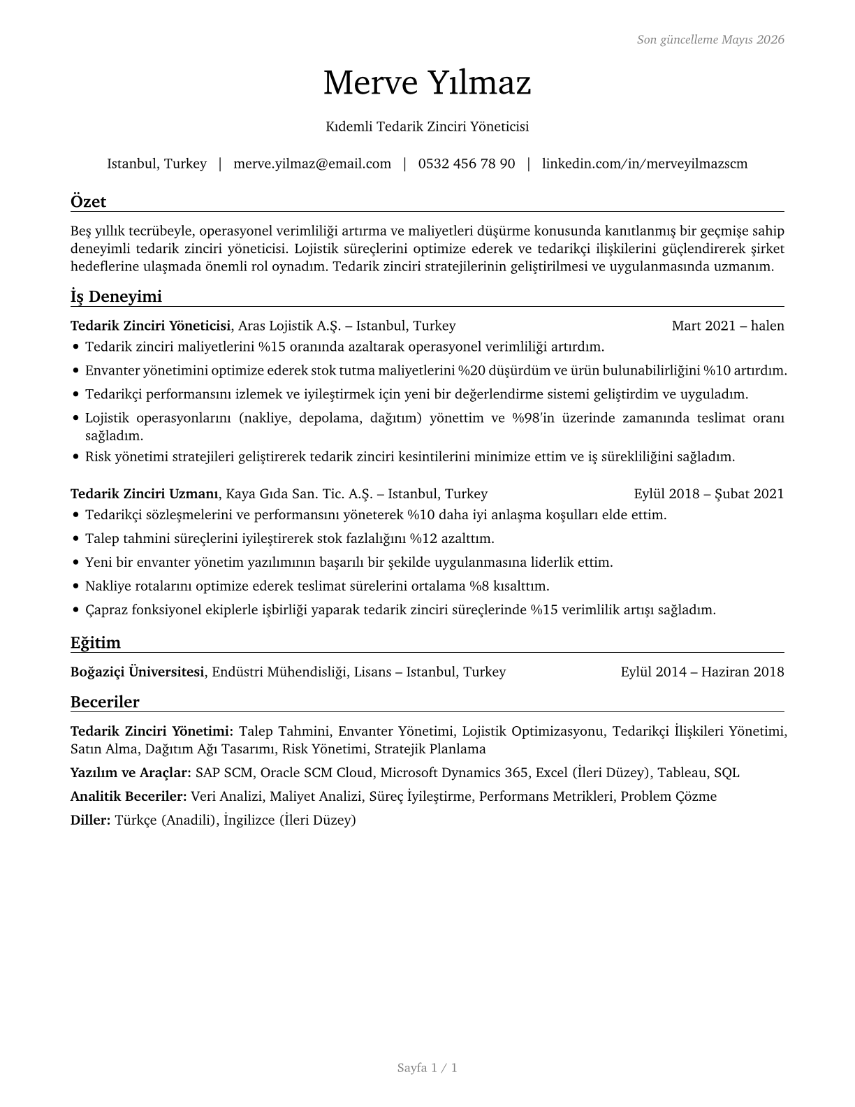 Supply Chain Managers CV in Turkish — page 1
