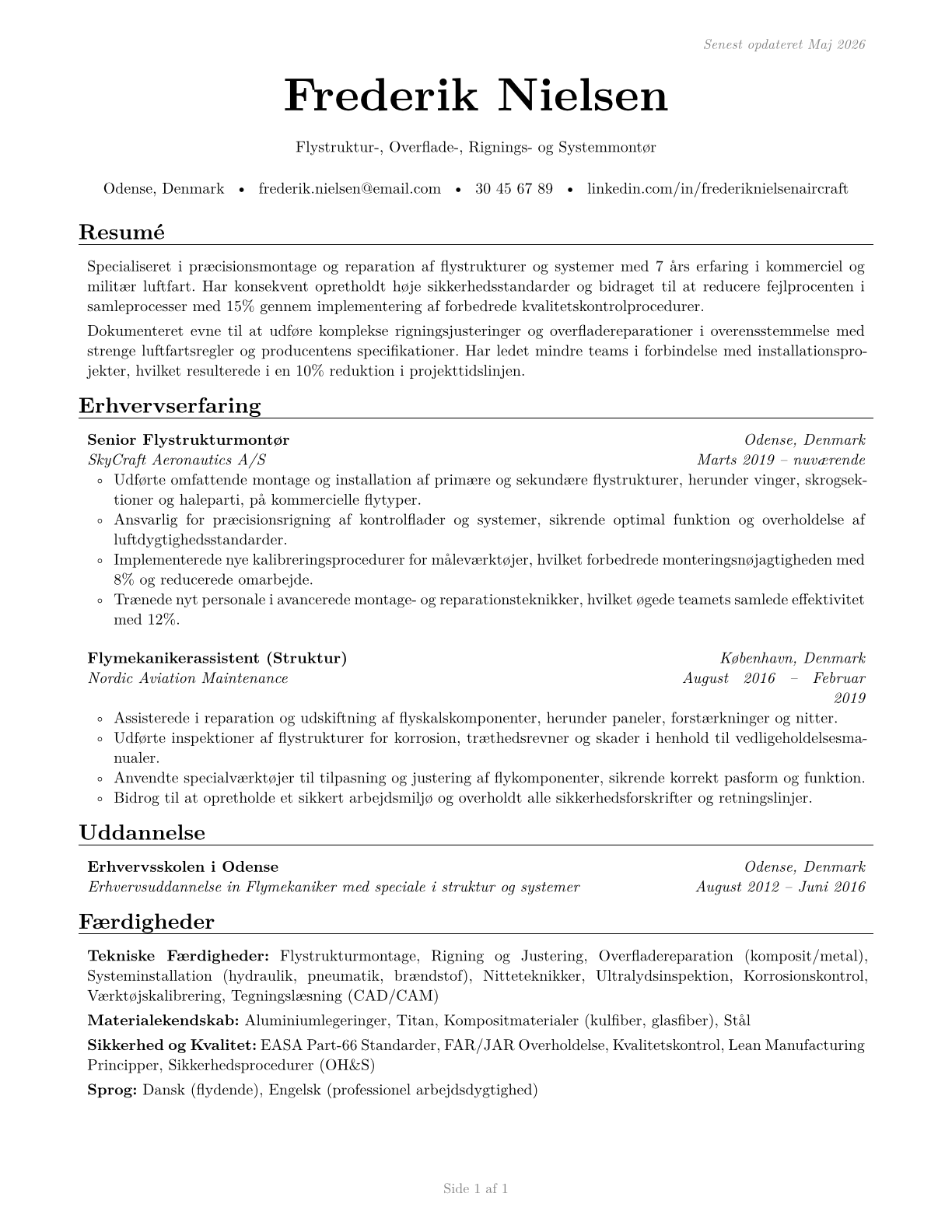 Aircraft Structure, Surfaces, Rigging, and Systems Assemblers CV in Danish — page 1