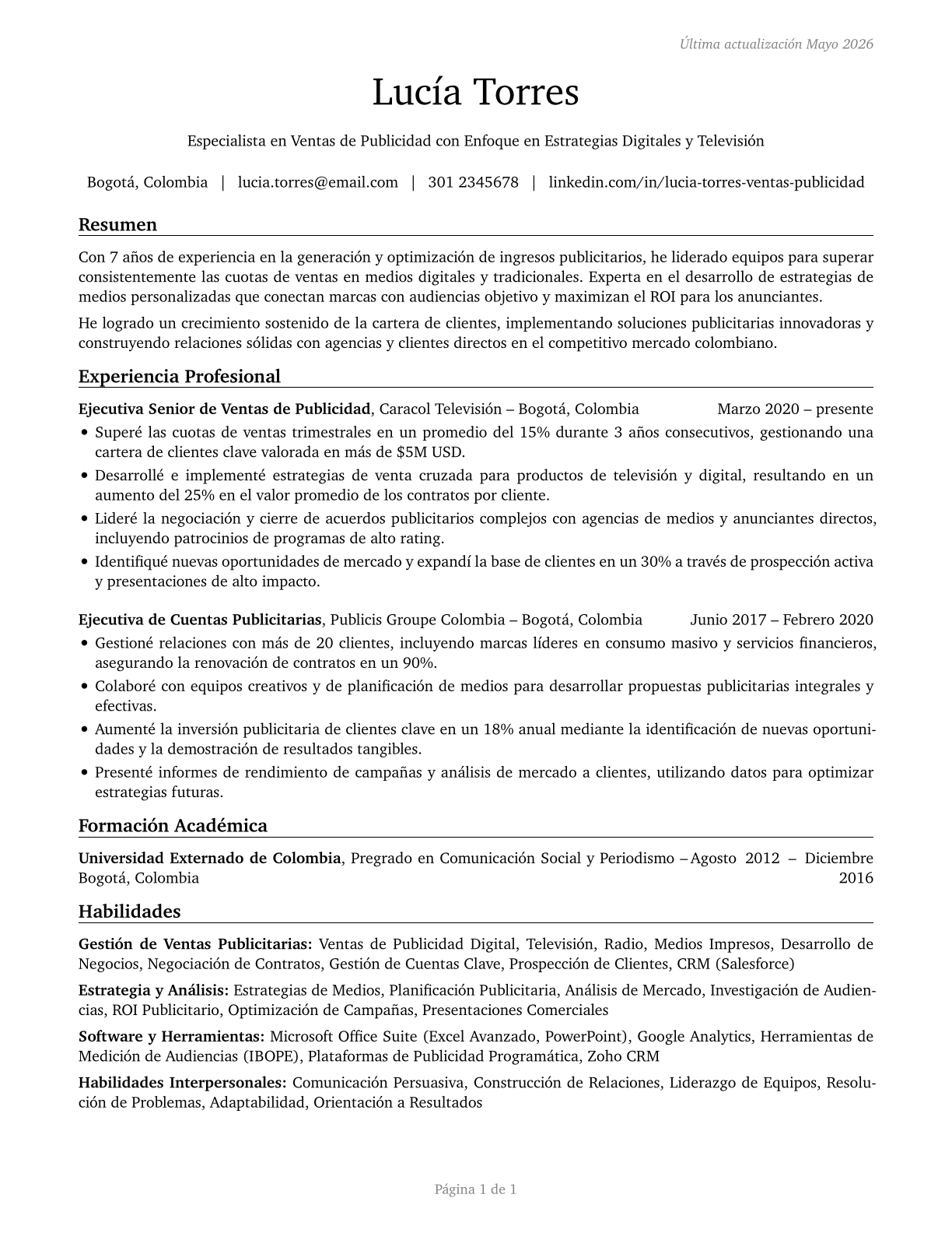 Advertising Sales Agents CV in Spanish — page 1