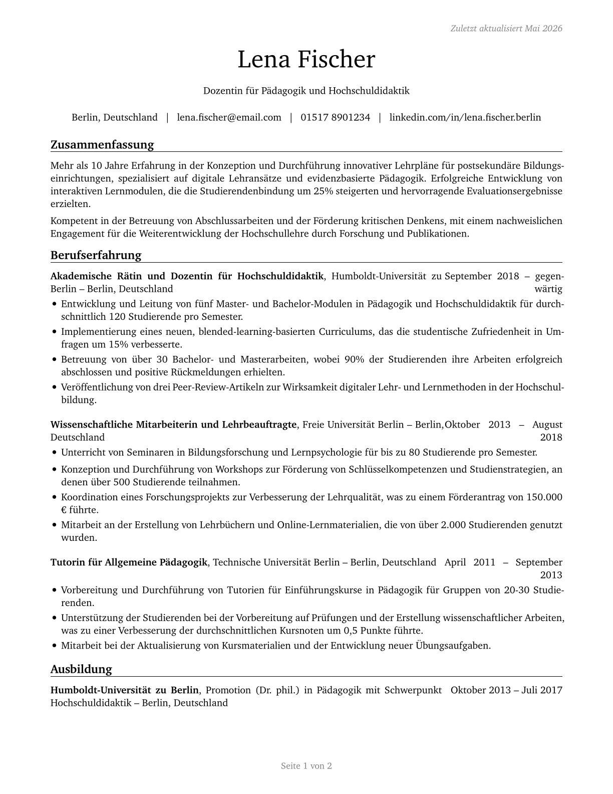 Education Teachers, Postsecondary CV in German — page 1