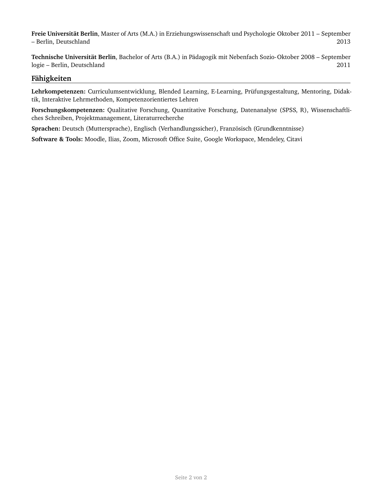 Education Teachers, Postsecondary CV in German — page 2