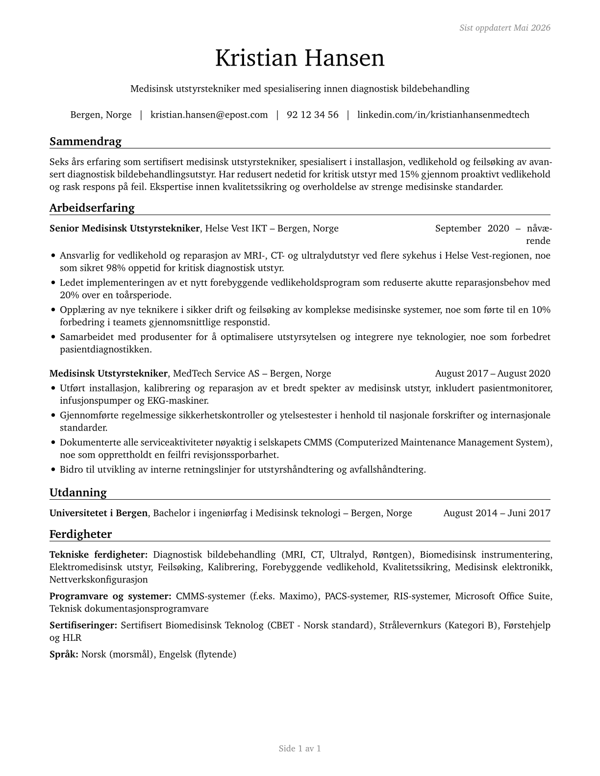 Medical Appliance Technicians CV in Norwegian_bokmal — page 1