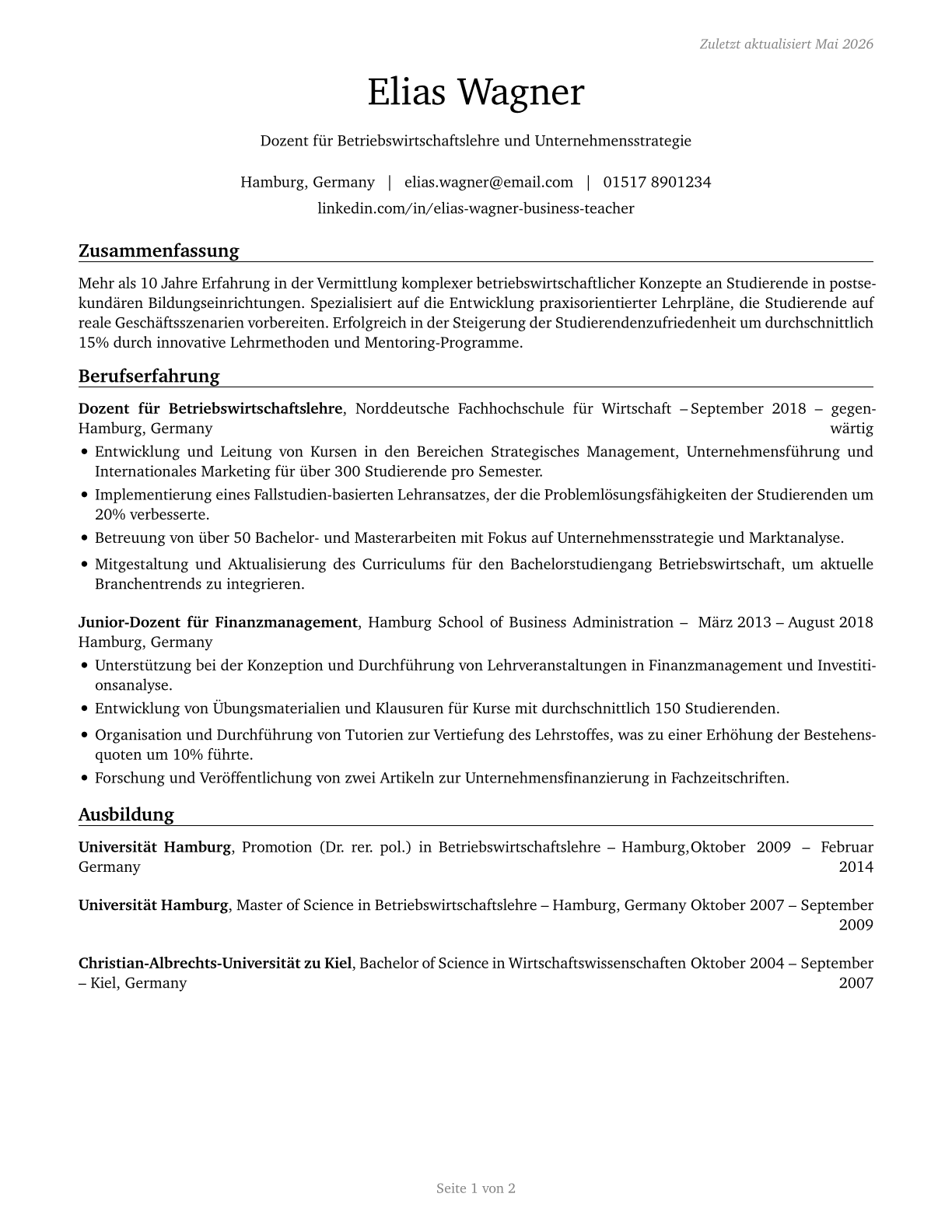 Business Teachers, Postsecondary CV in German — page 1