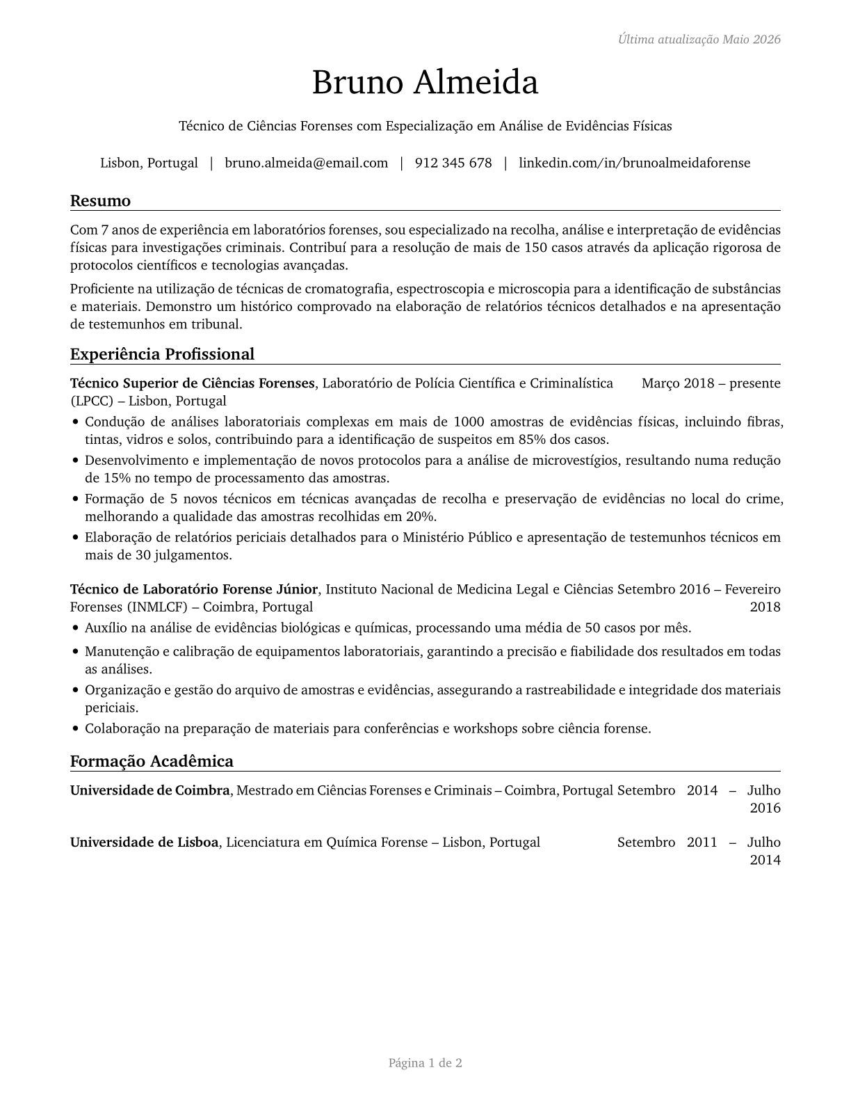 Forensic Science Technicians CV in Portuguese — page 1