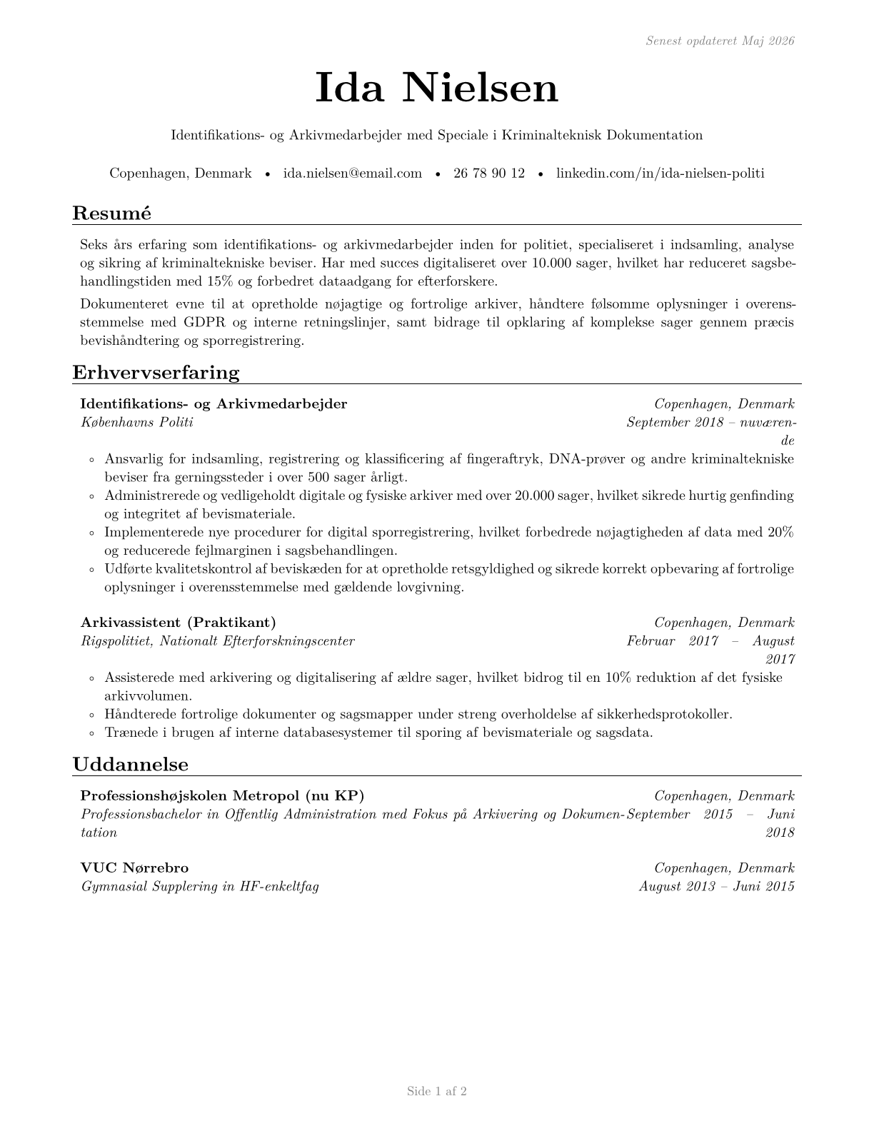 Police Identification and Records Officers CV in Danish — page 1