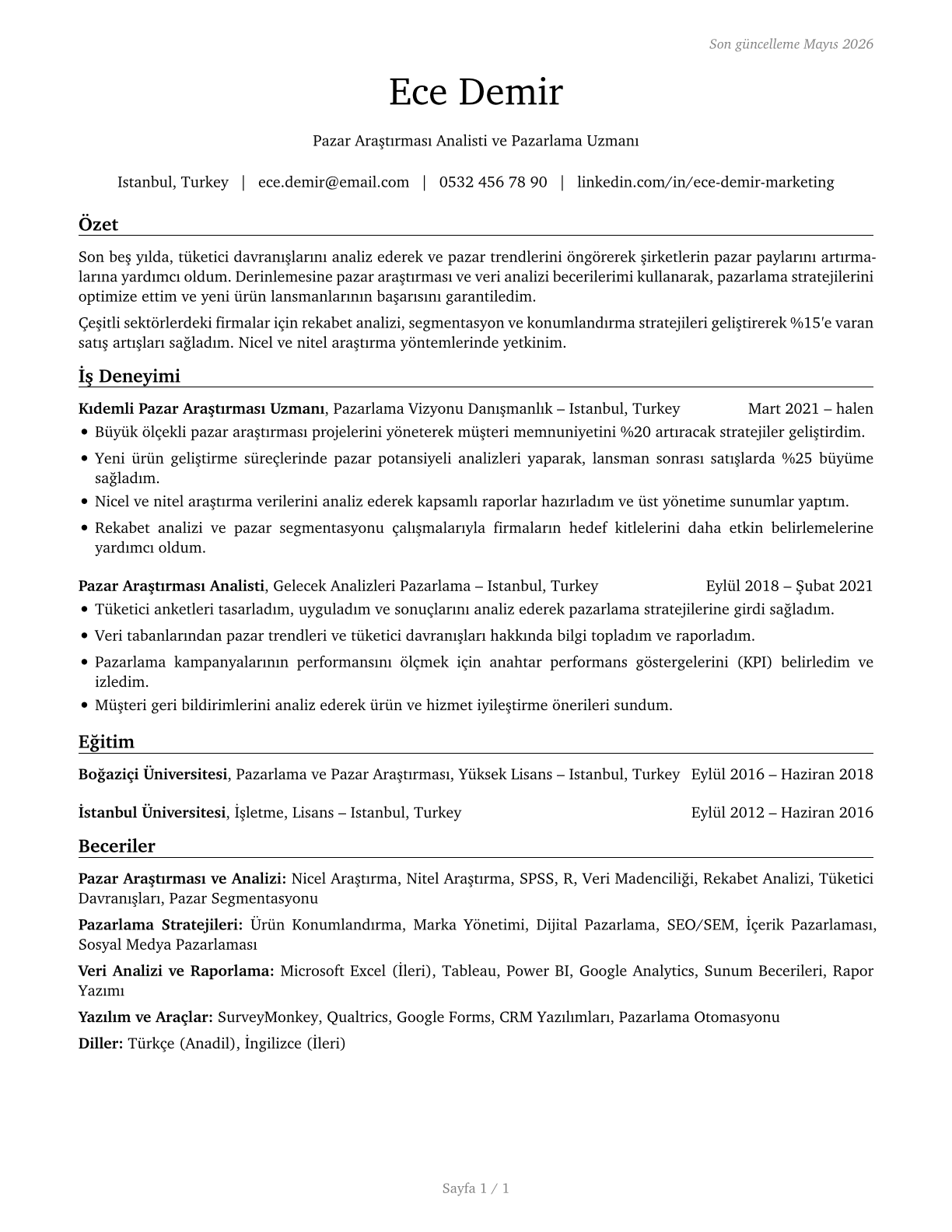 Market Research Analysts and Marketing Specialists CV in Turkish — page 1
