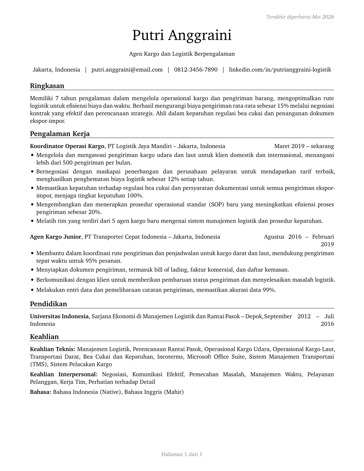 Cargo and Freight Agents CV in Indonesian — page 1