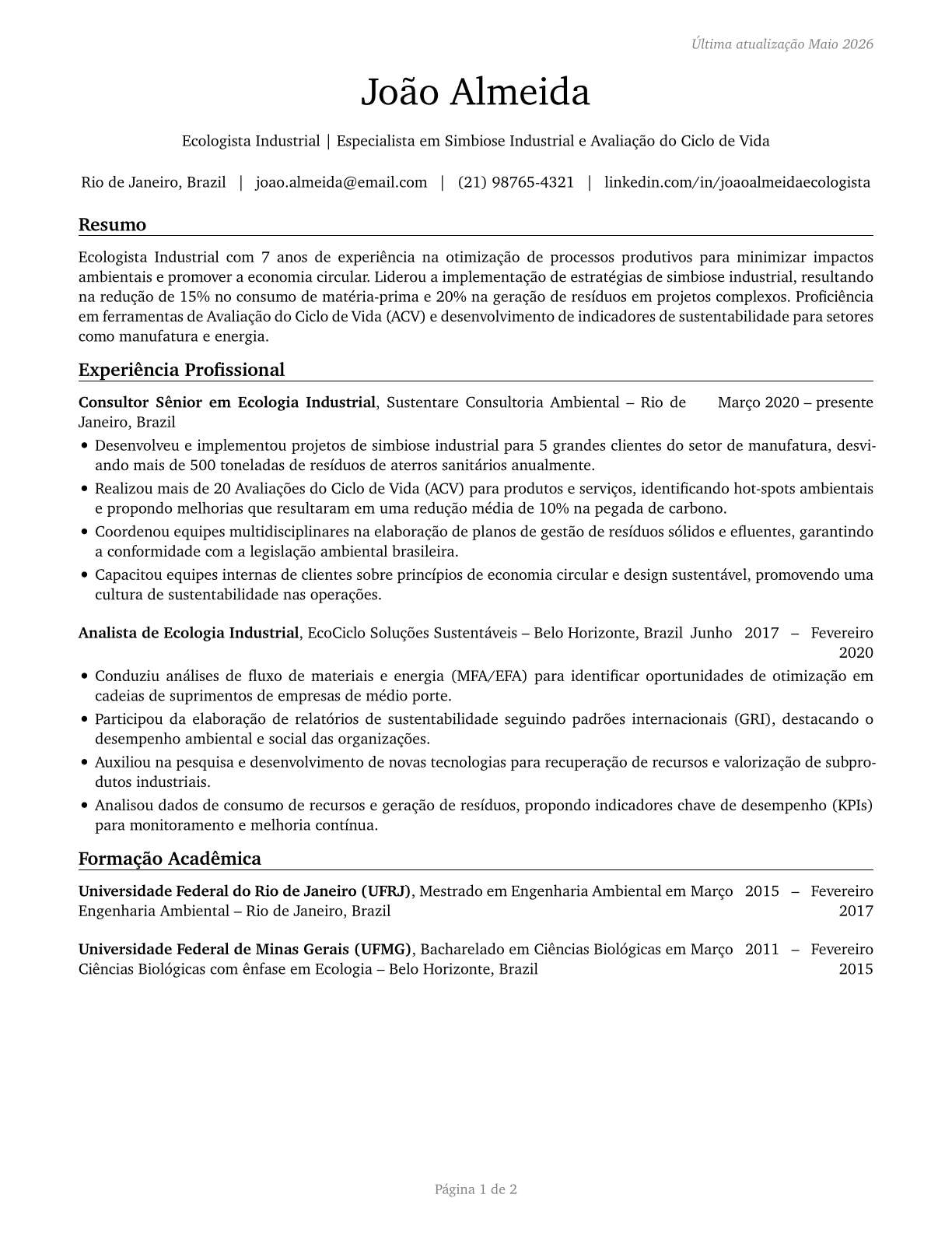 Industrial Ecologists CV in Portuguese — page 1