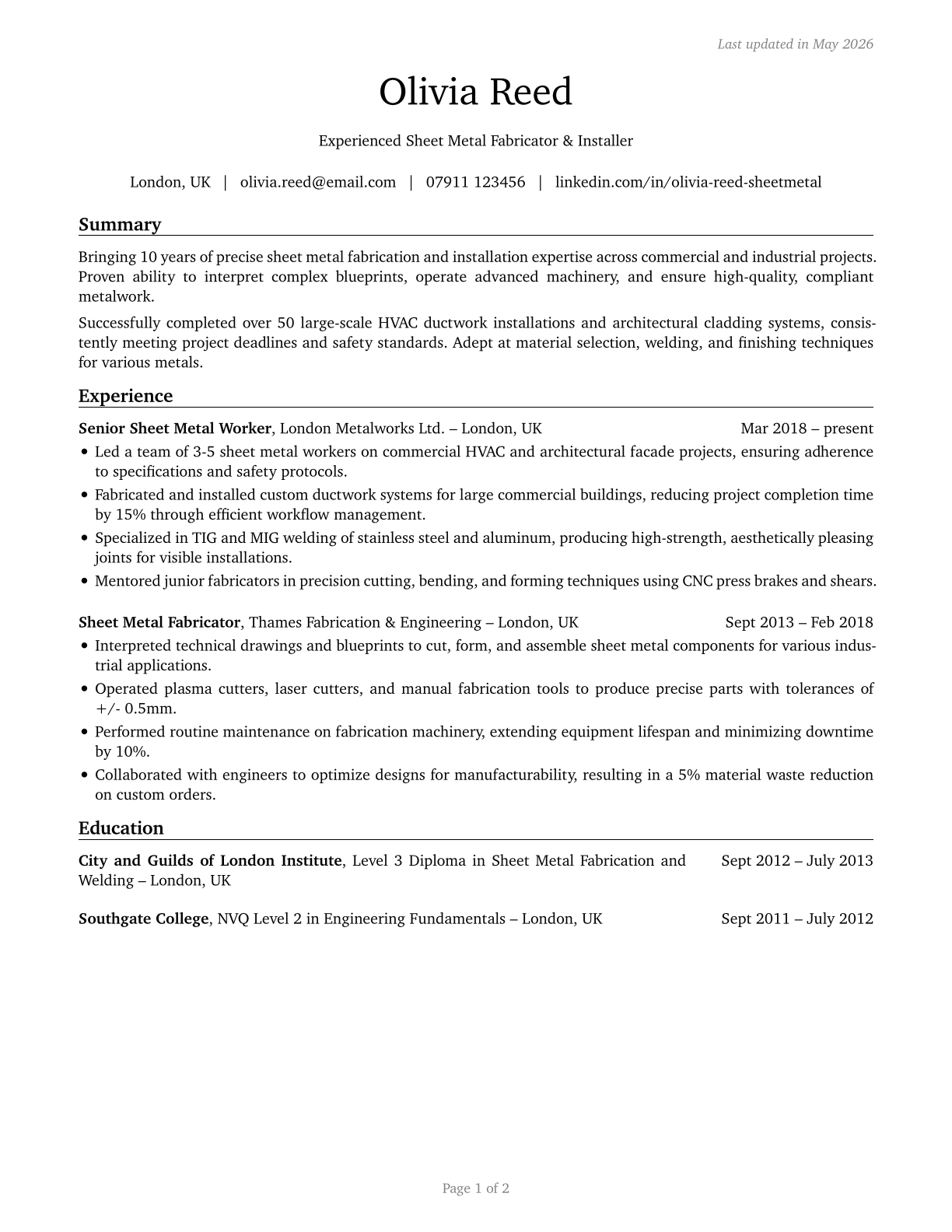 Sheet Metal Workers CV in English — page 1