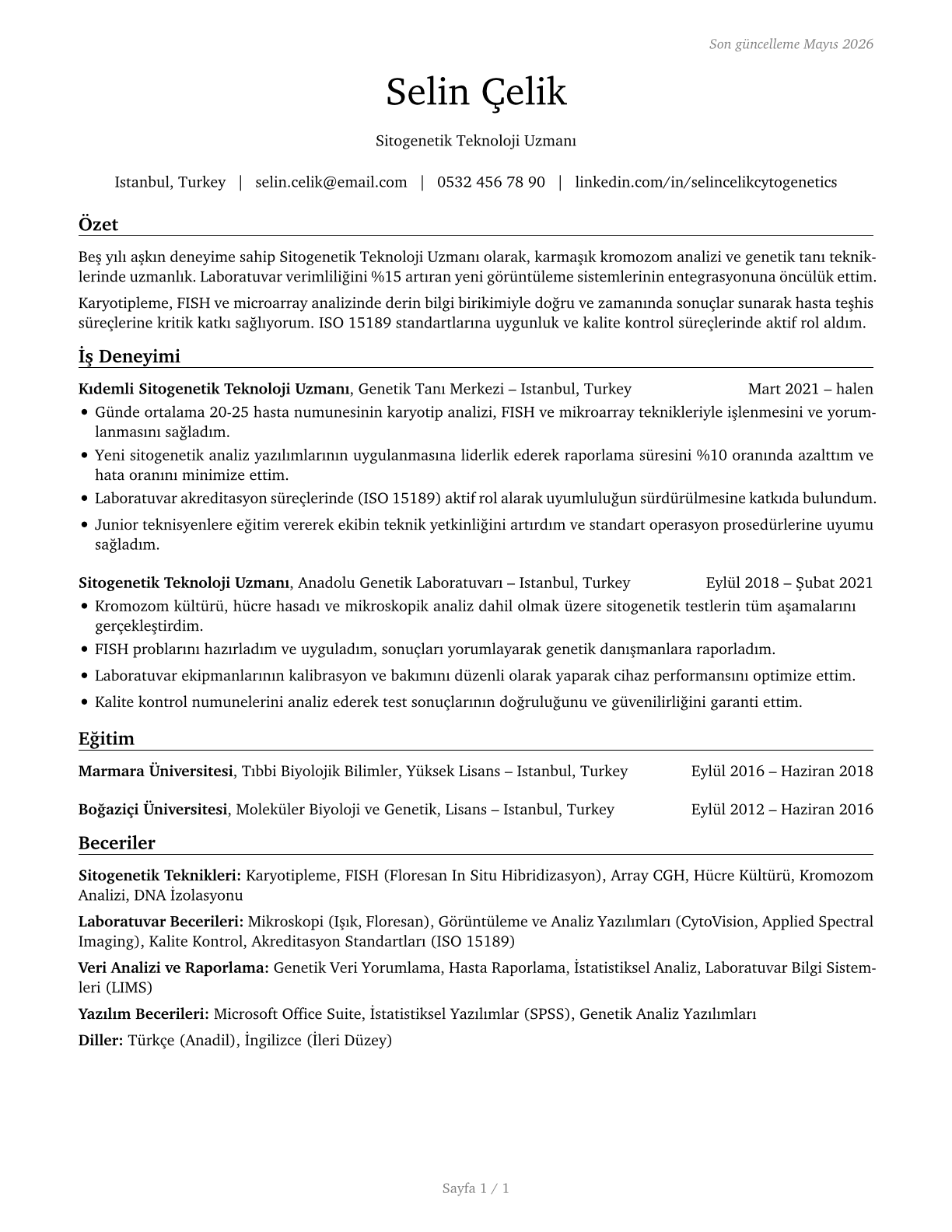 Cytogenetic Technologists CV in Turkish — page 1