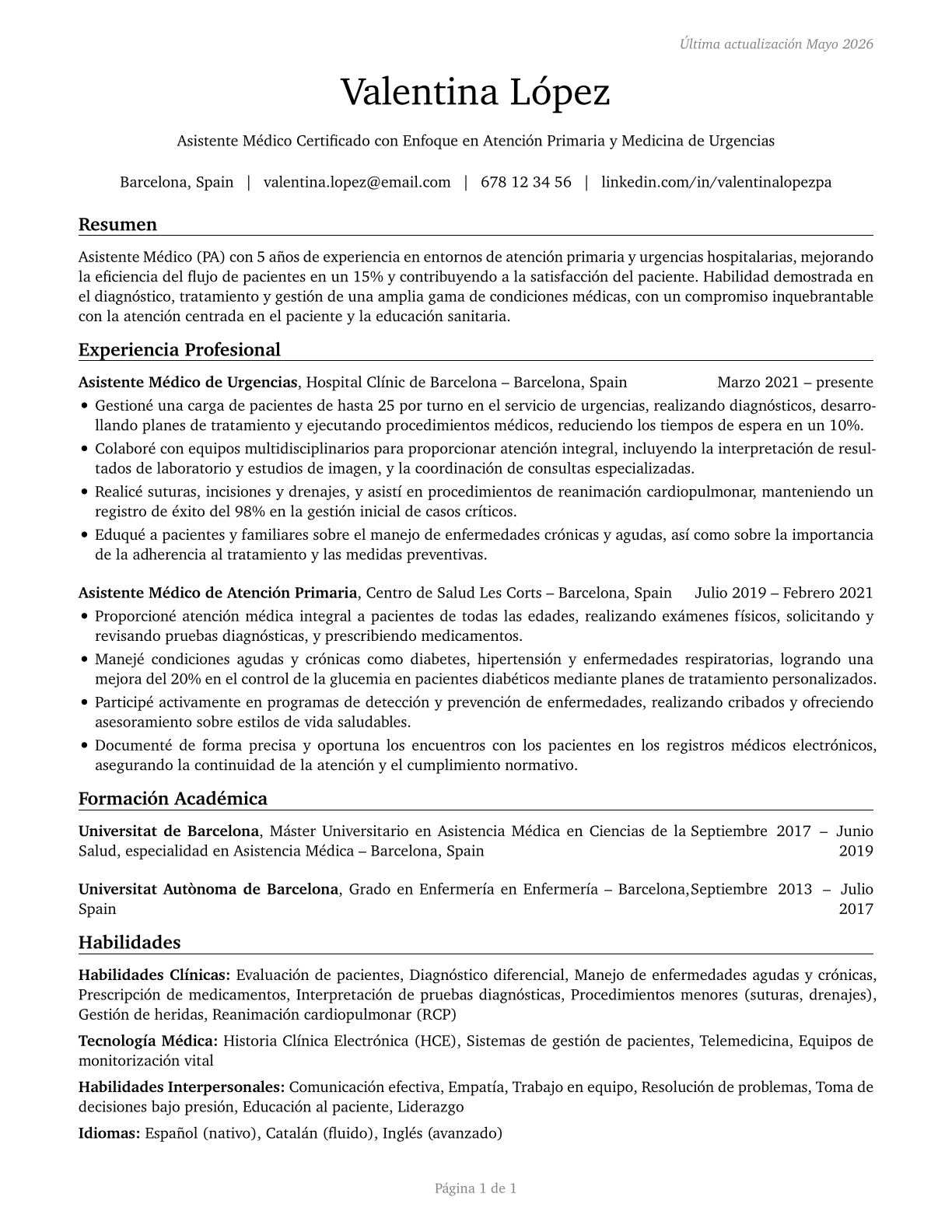 Physician Assistants CV in Spanish — page 1