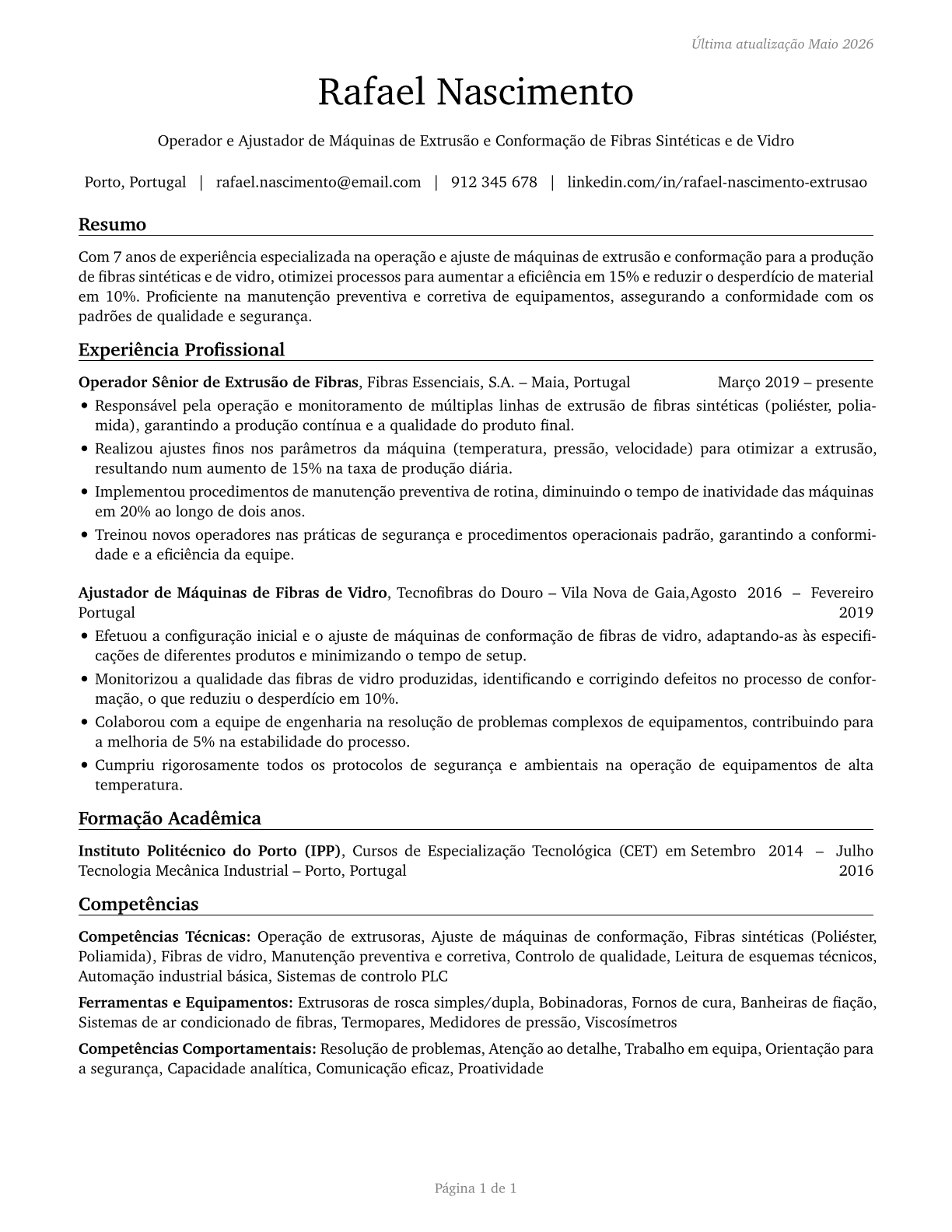 Extruding and Forming Machine Setters, Operators, and Tenders, Synthetic and Glass Fibers CV in Portuguese — page 1
