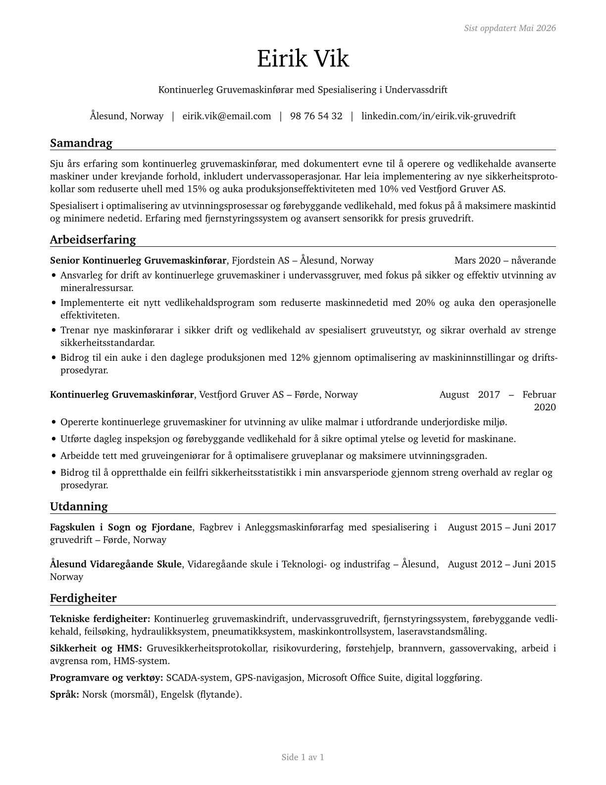 Continuous Mining Machine Operators CV in Norwegian_nynorsk — page 1