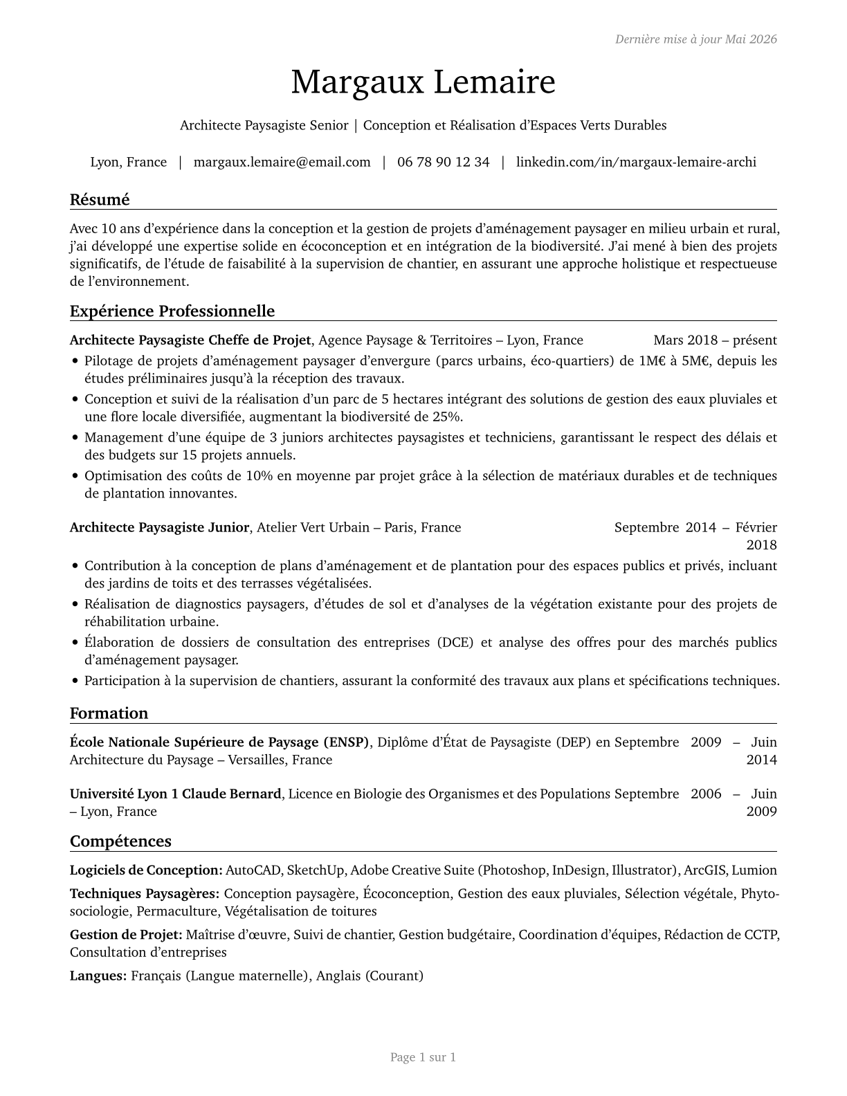 Landscape Architects CV in French — page 1