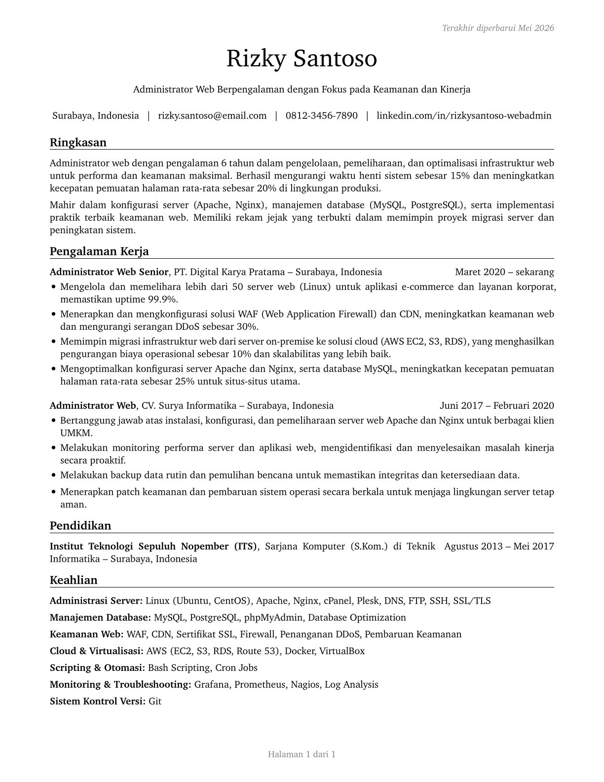 Web Administrators CV in Indonesian — page 1