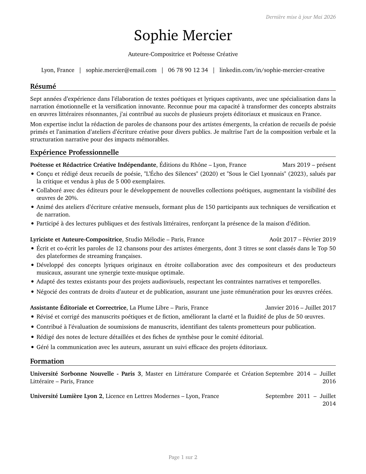 Poets, Lyricists and Creative Writers CV in French — page 1