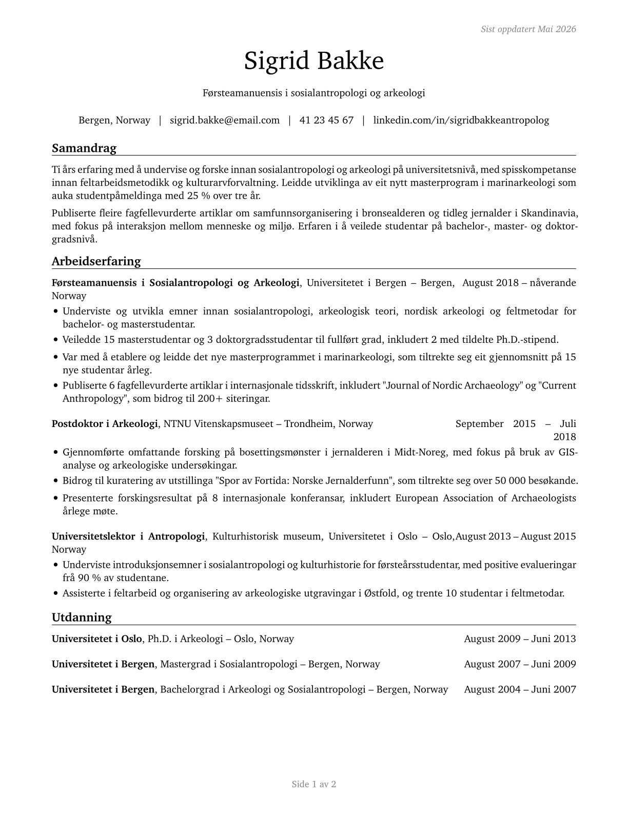 Anthropology and Archeology Teachers, Postsecondary CV in Norwegian_nynorsk — page 1