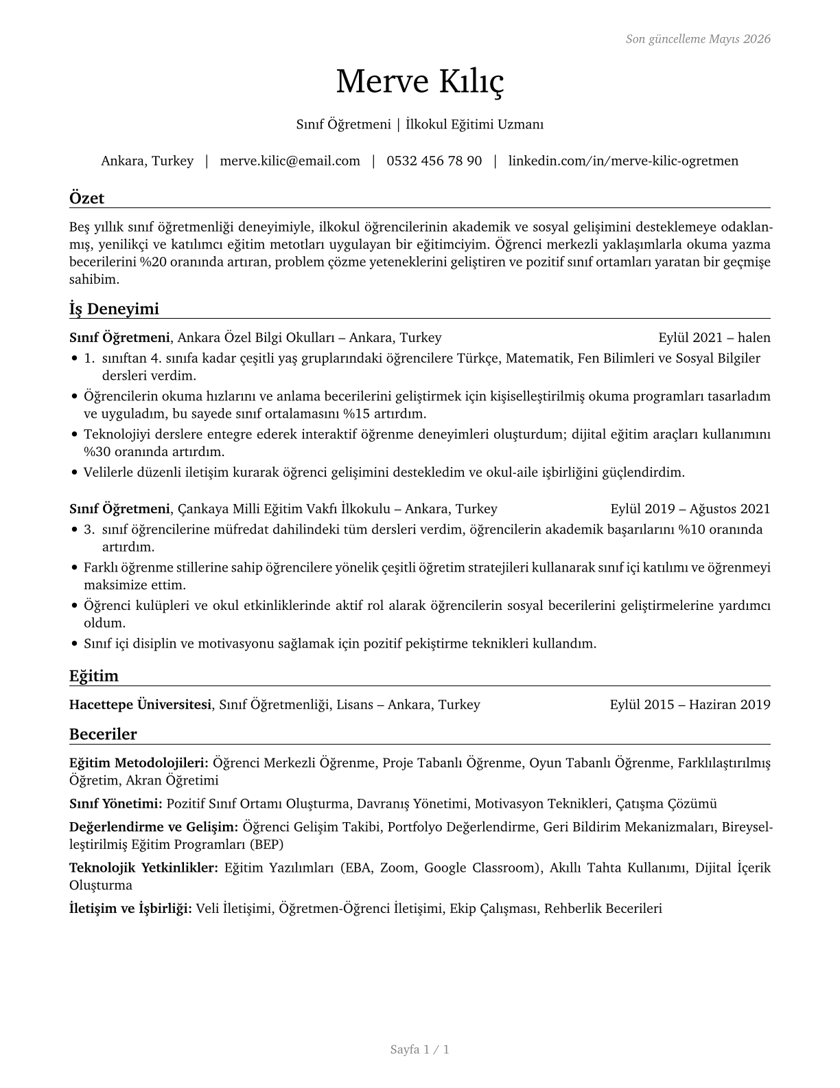 Elementary School Teachers, Except Special Education CV in Turkish — page 1