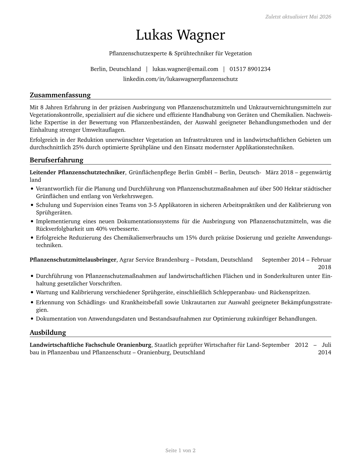 Pesticide Handlers, Sprayers, and Applicators, Vegetation CV in German — page 1