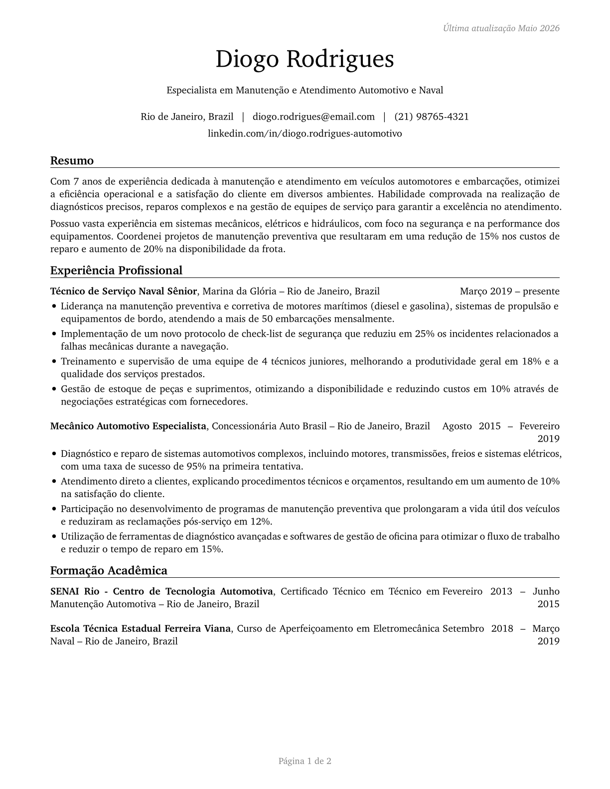 Automotive and Watercraft Service Attendants CV in Portuguese — page 1